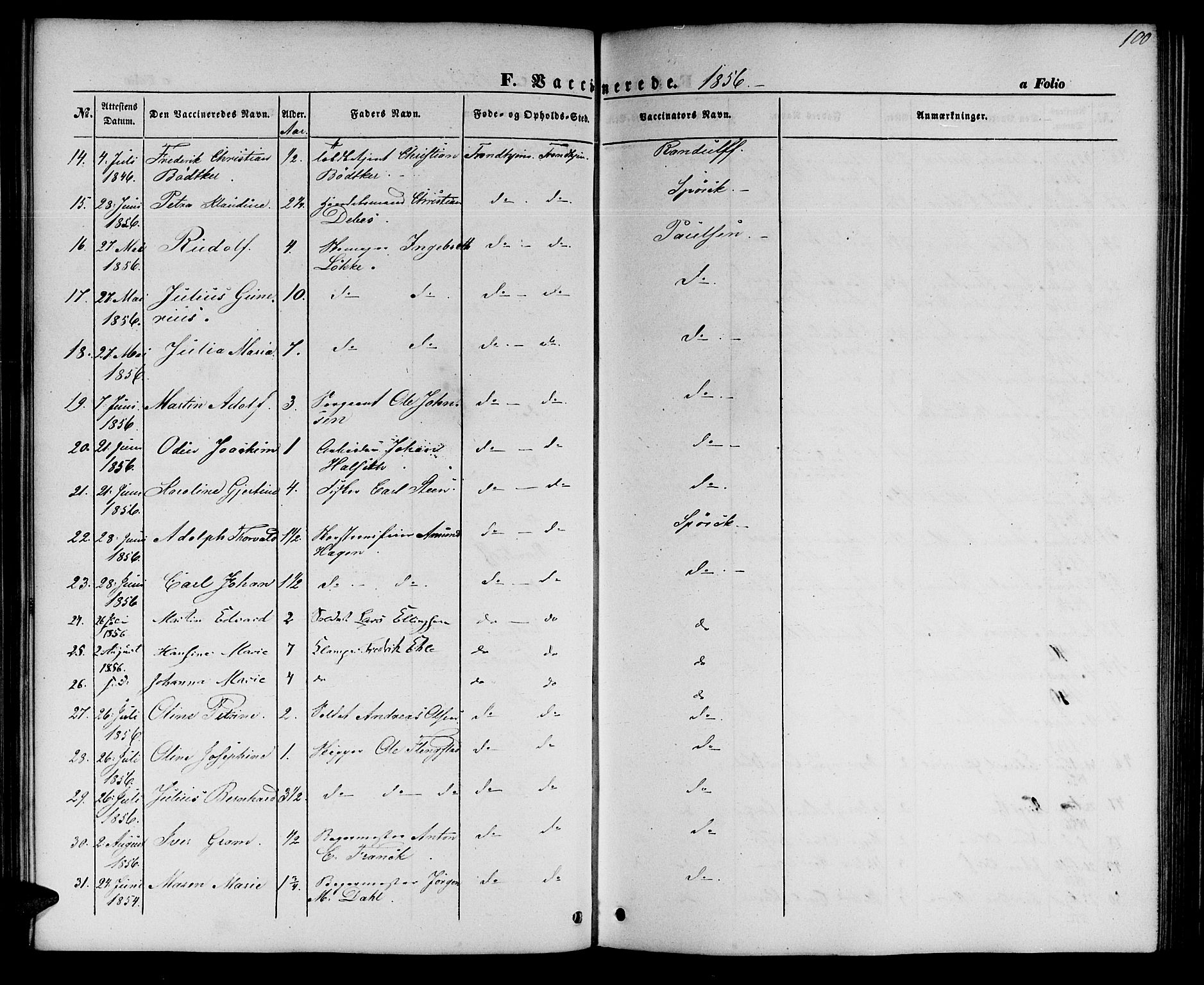Ministerialprotokoller, klokkerbøker og fødselsregistre - Sør-Trøndelag, SAT/A-1456/602/L0113: Parish register (official) no. 602A11, 1849-1861, p. 100