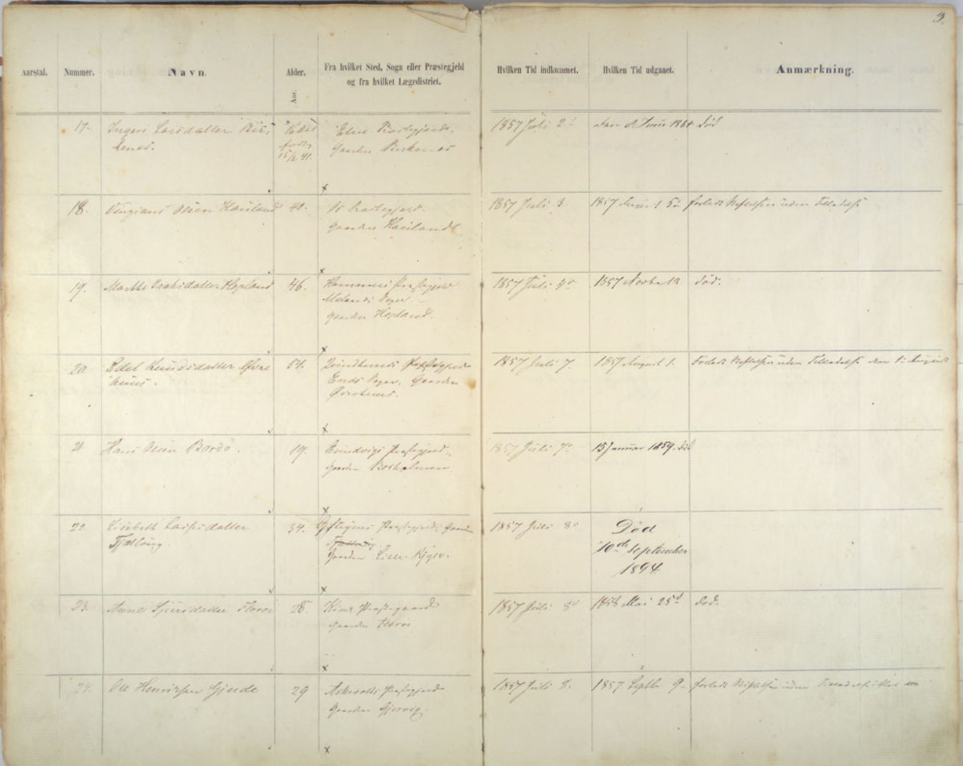 Lepraarkiver - Pleiestiftelsen for spedalske no.1, AV/SAB-A-60601/C/L0005: Av- og tilgangsliste, 1857-1955, p. 3