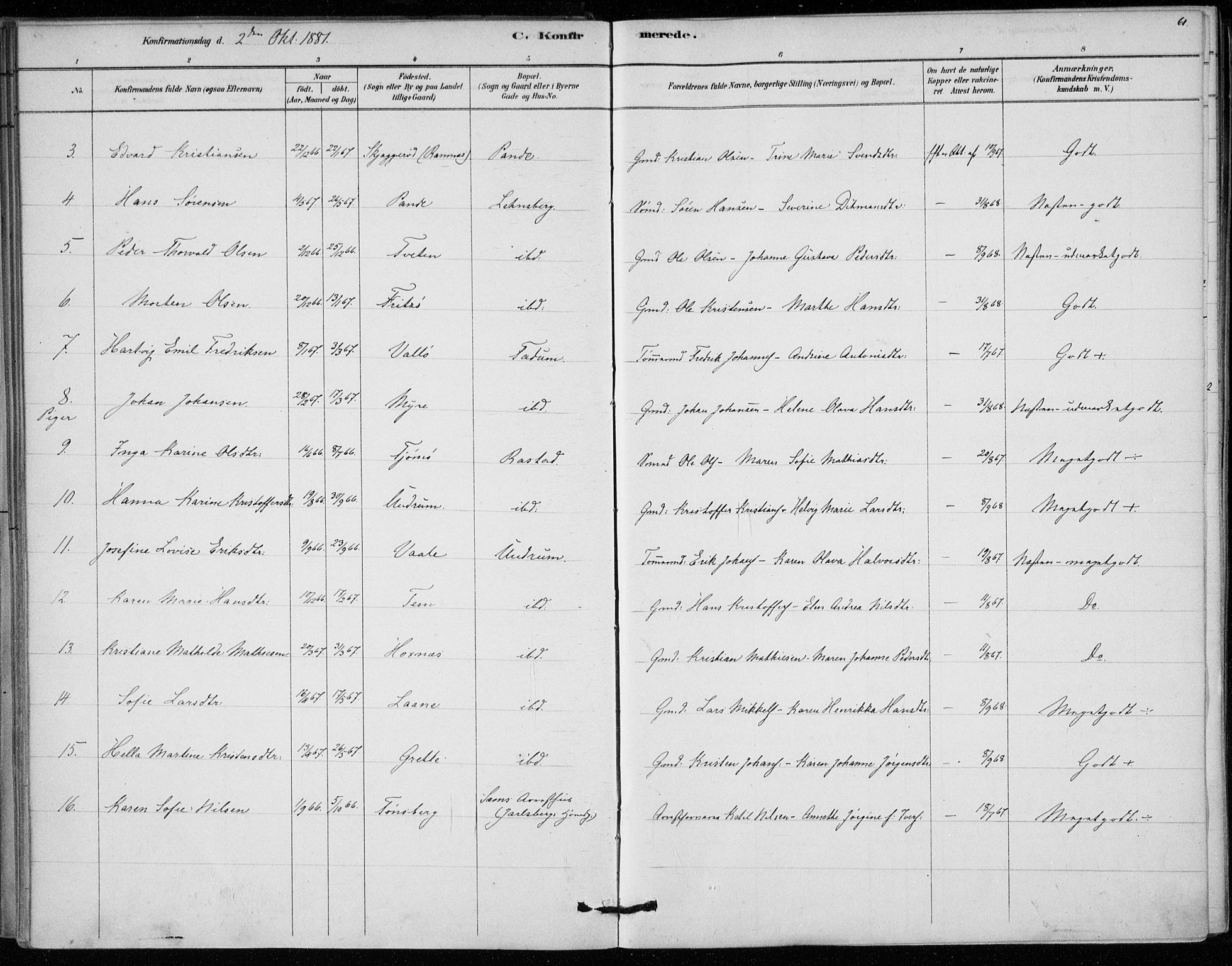 Sem kirkebøker, SAKO/A-5/F/Fa/L0010: Parish register (official) no. I 10, 1878-1887, p. 61