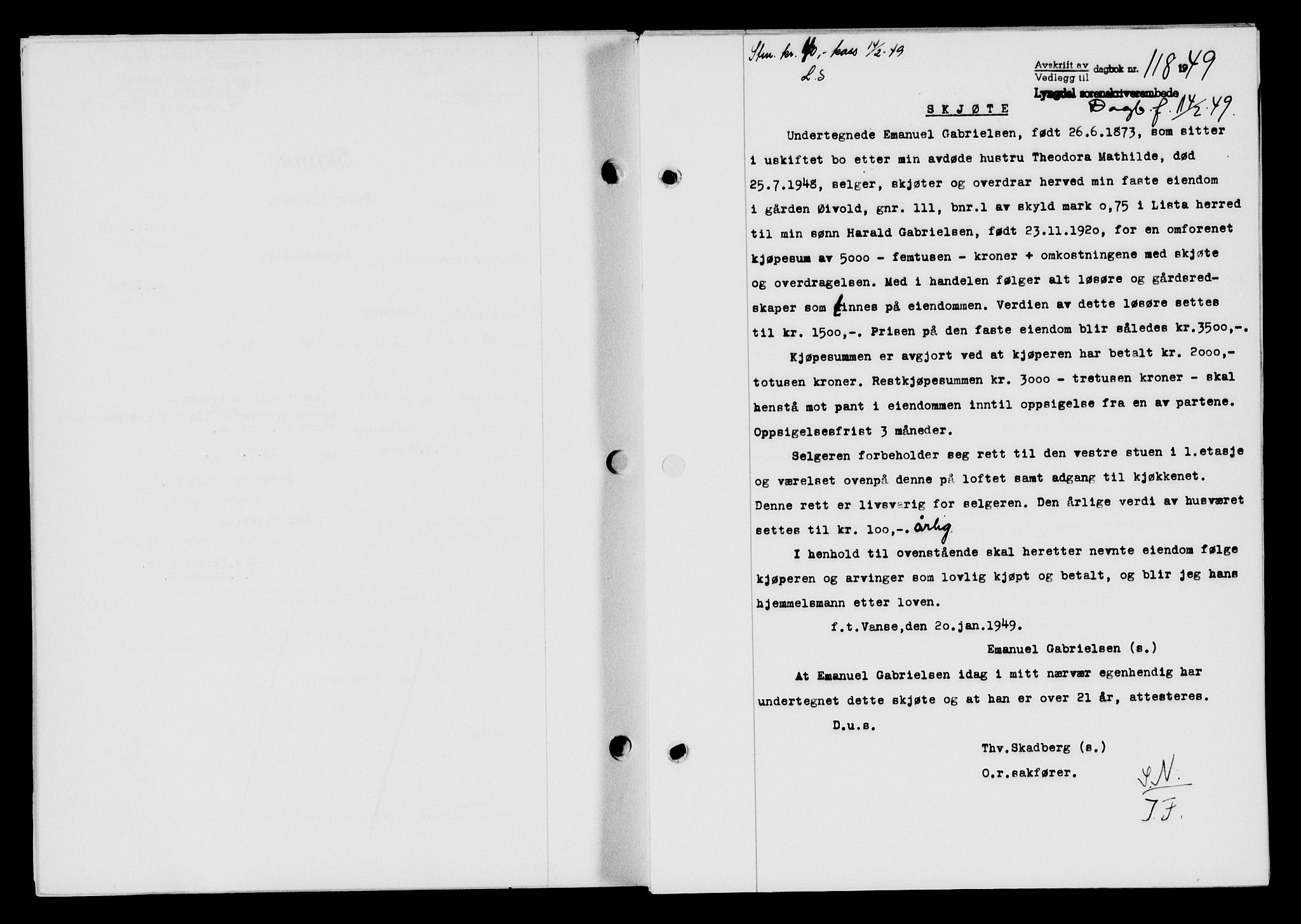 Lyngdal sorenskriveri, AV/SAK-1221-0004/G/Gb/L0663: Mortgage book no. A IX, 1948-1949, Diary no: : 118/1949