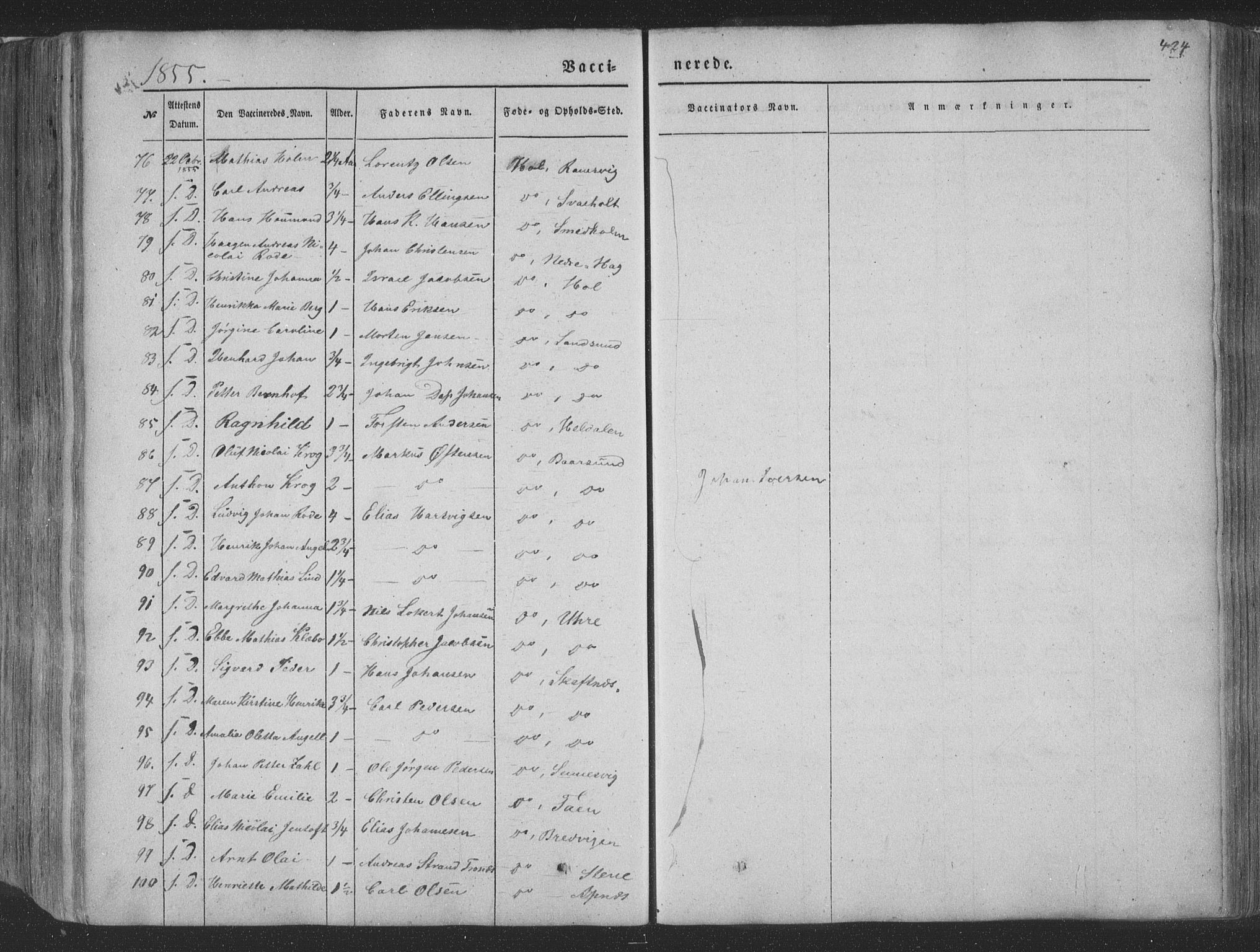 Ministerialprotokoller, klokkerbøker og fødselsregistre - Nordland, AV/SAT-A-1459/881/L1165: Parish register (copy) no. 881C02, 1854-1876, p. 424