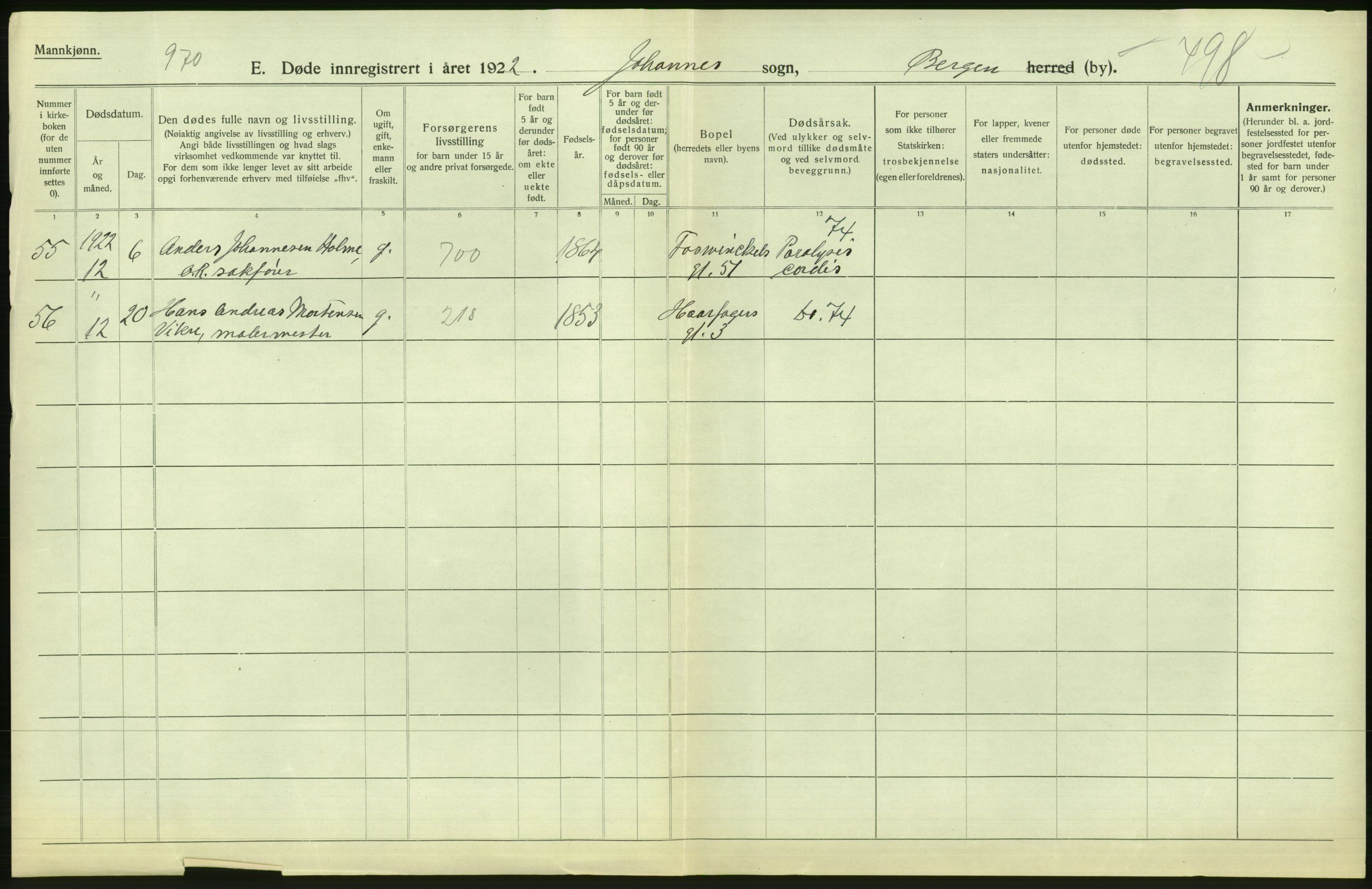 Statistisk sentralbyrå, Sosiodemografiske emner, Befolkning, AV/RA-S-2228/D/Df/Dfc/Dfcb/L0030: Bergen: Gifte, døde, dødfødte., 1922, p. 656