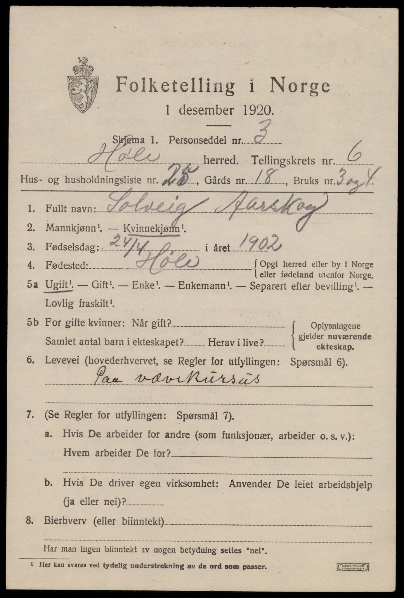 SAST, 1920 census for Høle, 1920, p. 2013