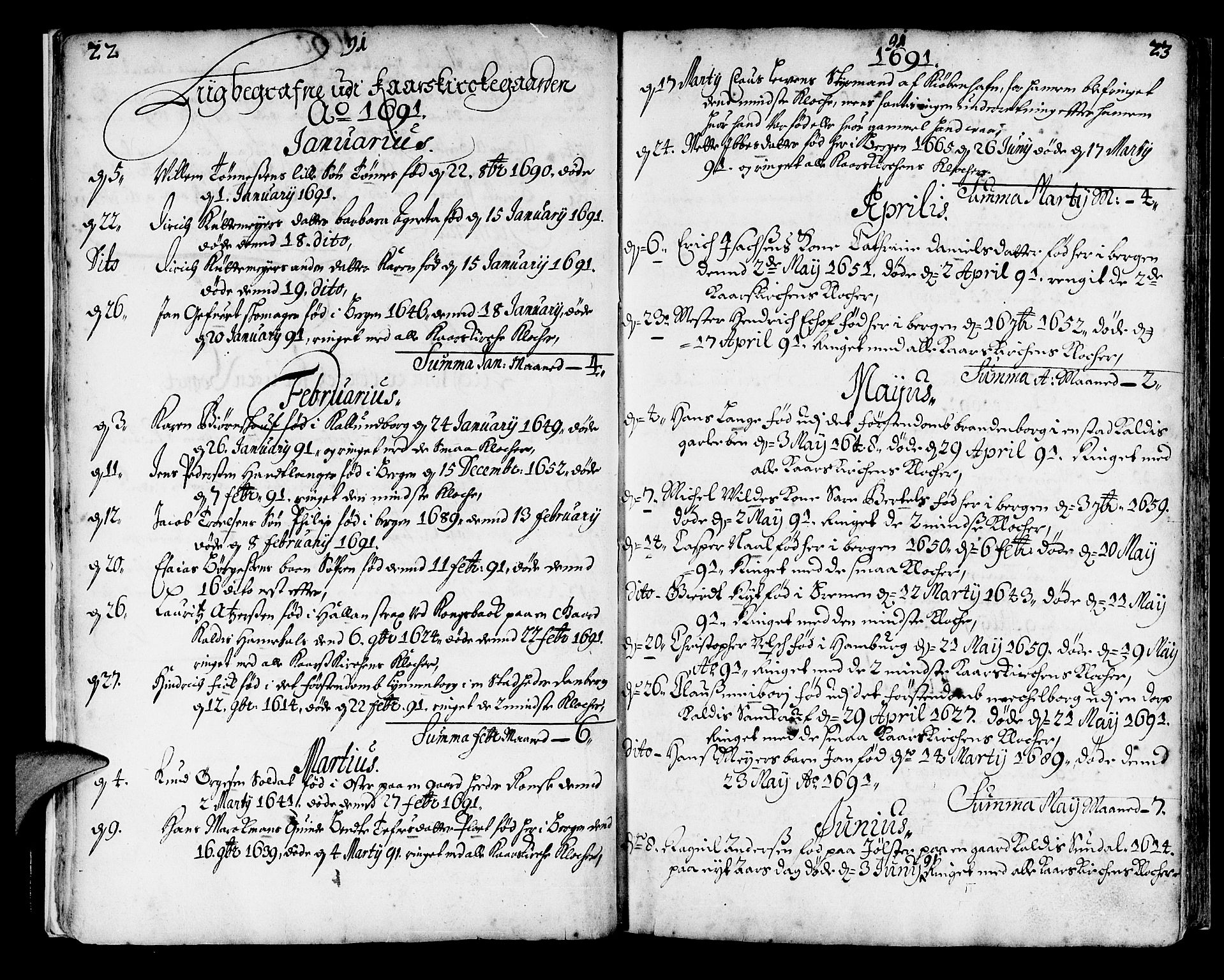 Korskirken sokneprestembete, SAB/A-76101/H/Haa/L0010: Parish register (official) no. A 10, 1688-1703, p. 22-23