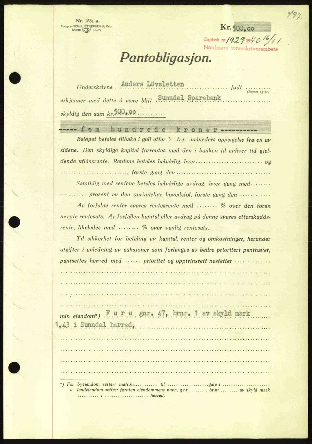 Nordmøre sorenskriveri, AV/SAT-A-4132/1/2/2Ca: Mortgage book no. B87, 1940-1941, Diary no: : 1929/1940