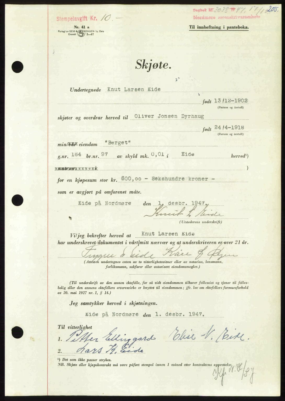 Nordmøre sorenskriveri, AV/SAT-A-4132/1/2/2Ca: Mortgage book no. A107, 1947-1948, Diary no: : 3038/1947