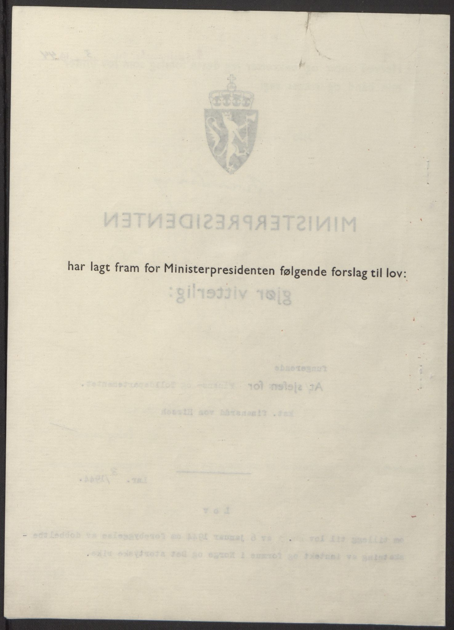 NS-administrasjonen 1940-1945 (Statsrådsekretariatet, de kommisariske statsråder mm), RA/S-4279/D/Db/L0100: Lover, 1944, p. 14