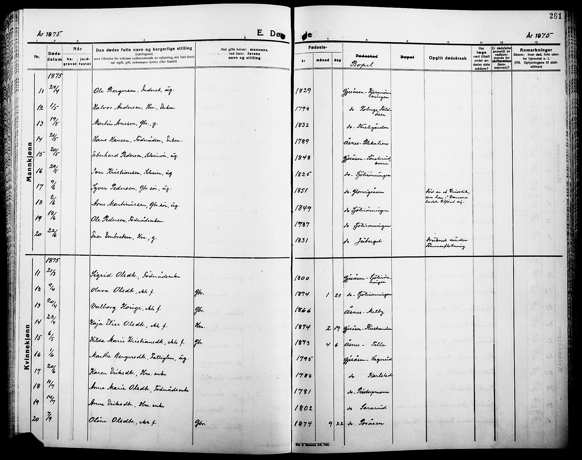 Åsnes prestekontor, AV/SAH-PREST-042/H/Ha/Haa/L0000B: Parish register (official), 1870-1889, p. 281