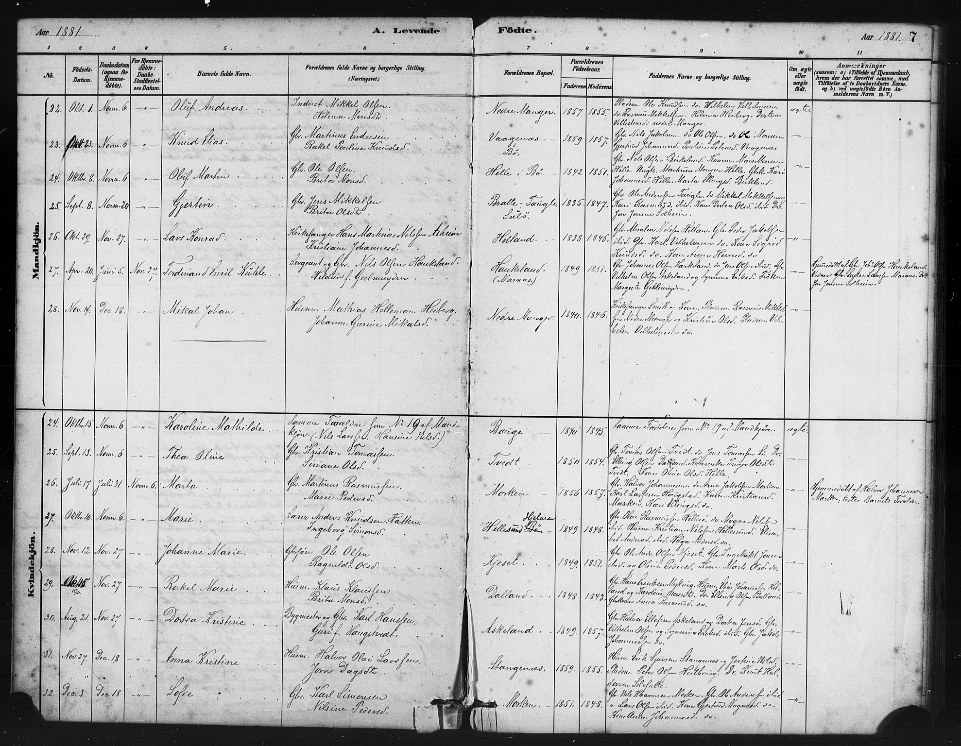 Manger sokneprestembete, SAB/A-76801/H/Haa: Parish register (official) no. B 1, 1881-1892, p. 7