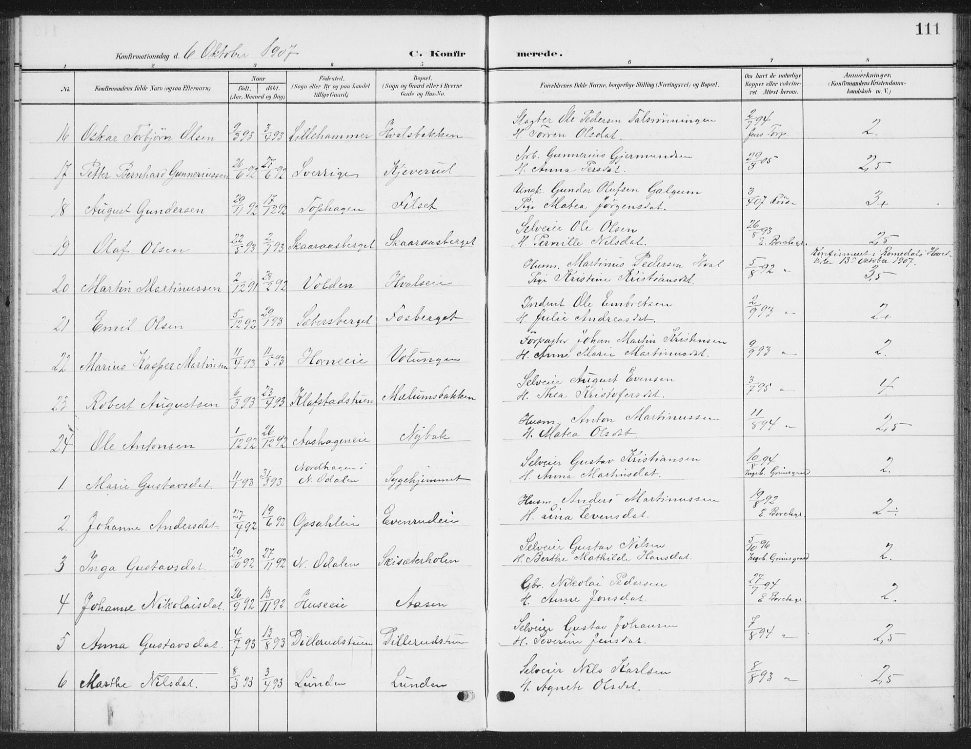 Romedal prestekontor, SAH/PREST-004/K/L0009: Parish register (official) no. 9, 1906-1929, p. 111