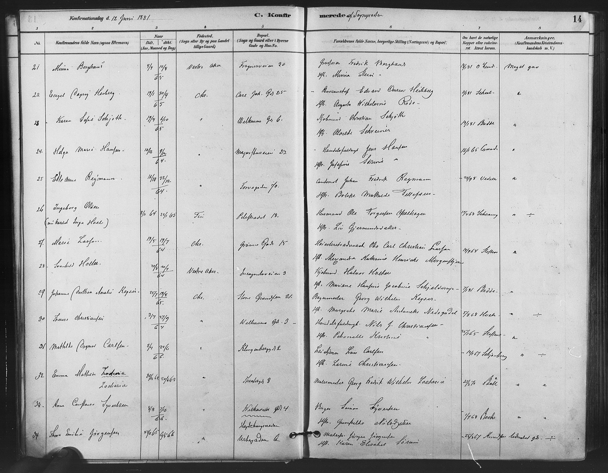 Trefoldighet prestekontor Kirkebøker, AV/SAO-A-10882/F/Fb/L0003: Parish register (official) no. II 3, 1881-1895, p. 14