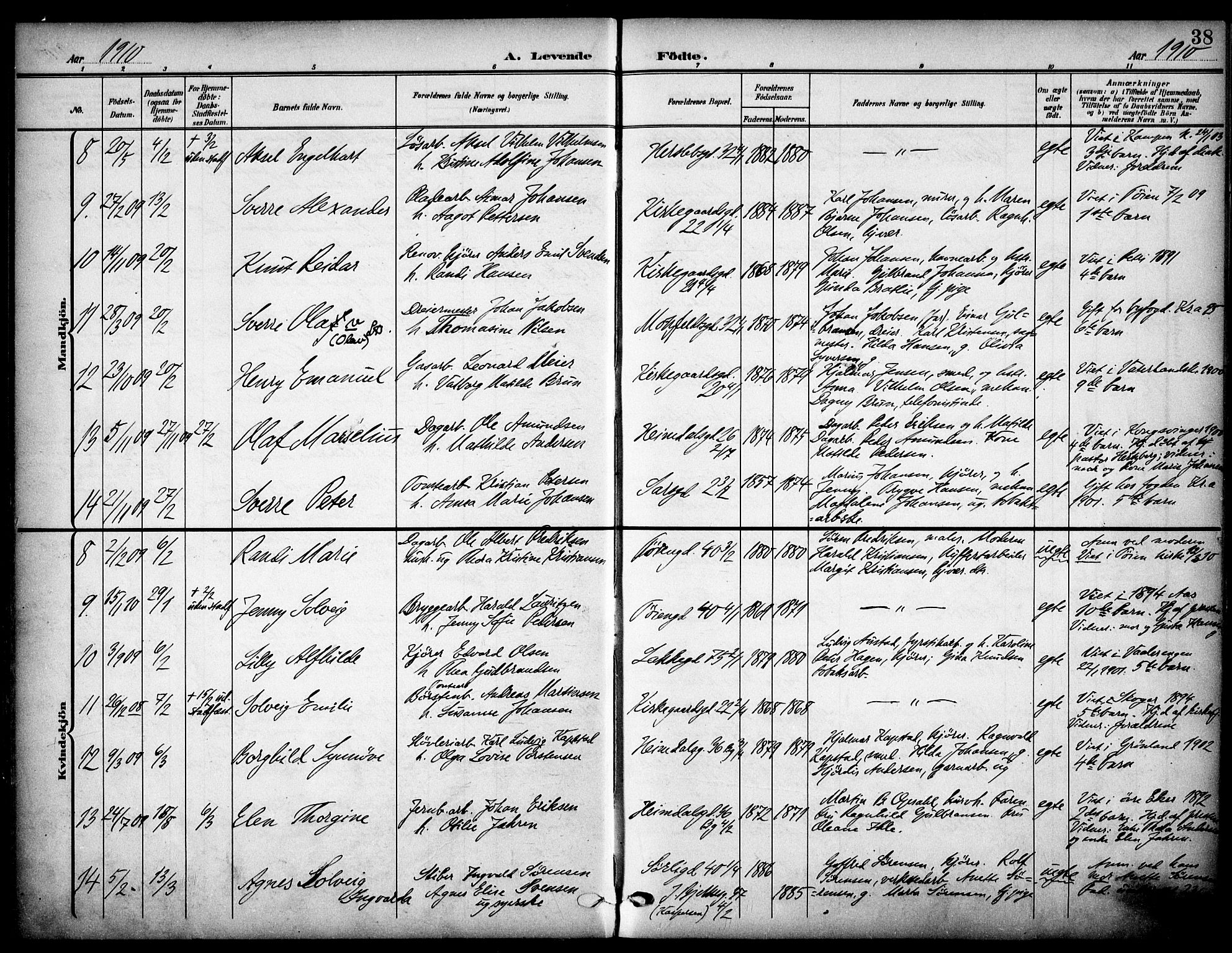 Tøyen prestekontor Kirkebøker, AV/SAO-A-10167a/F/Fa/L0001: Parish register (official) no. I 1, 1907-1916, p. 38