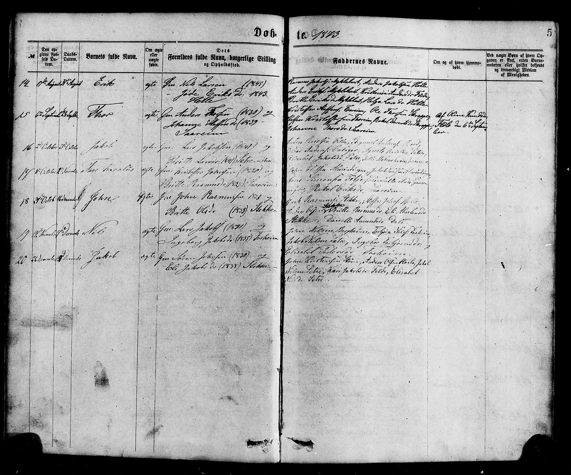 Gloppen sokneprestembete, AV/SAB-A-80101/H/Hab/Habc/L0001: Parish register (copy) no. C 1, 1872-1896, p. 5