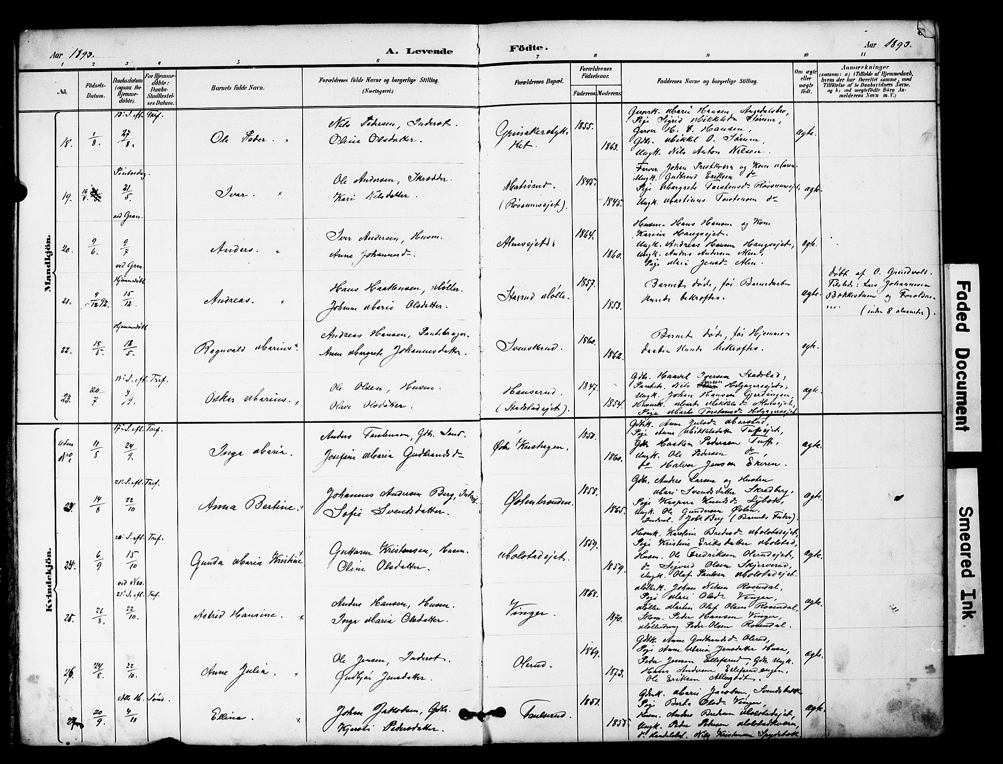 Brandbu prestekontor, AV/SAH-PREST-114/H/Ha/Hab/L0006: Parish register (copy) no. 6, 1893-1902, p. 5