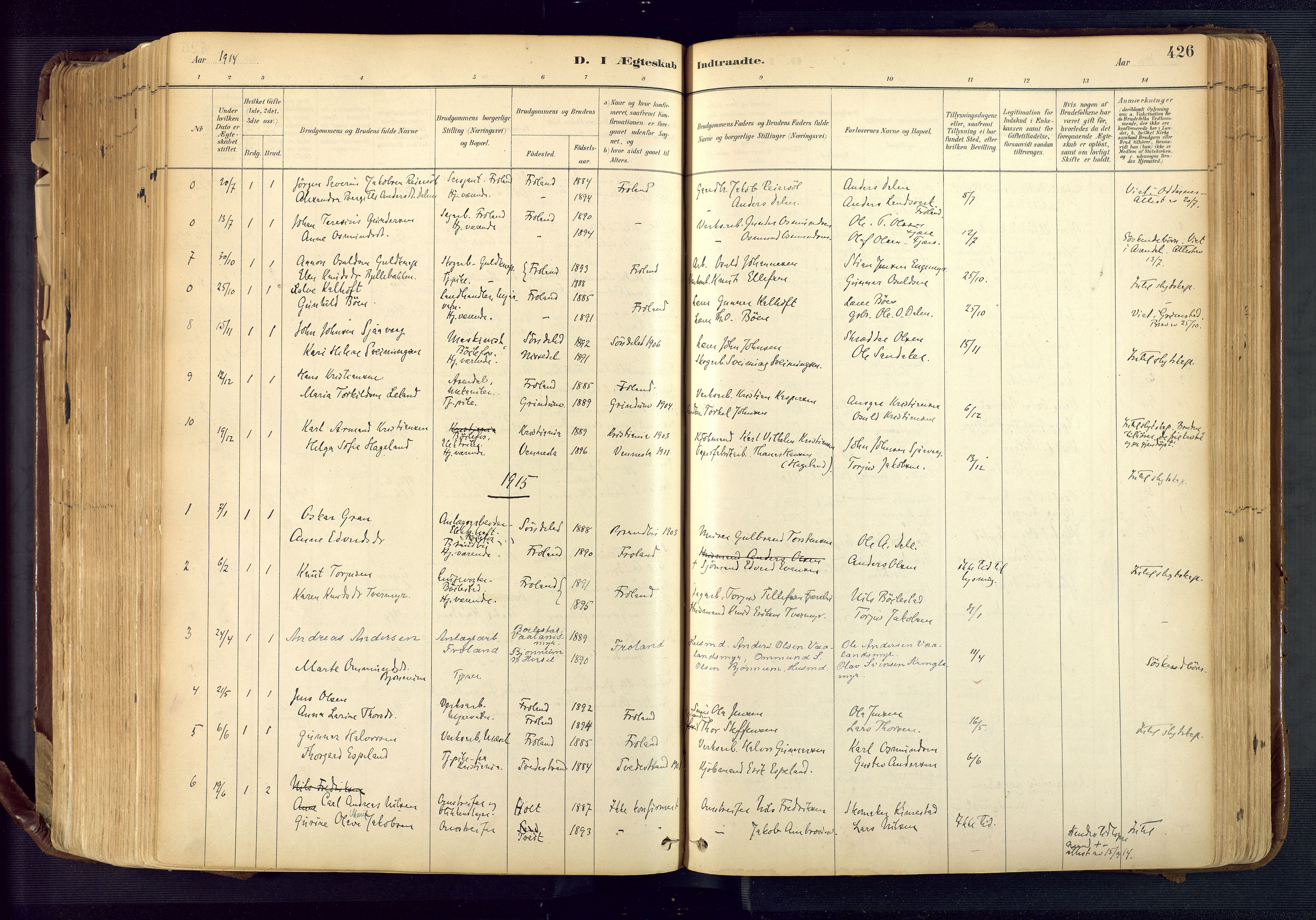 Froland sokneprestkontor, SAK/1111-0013/F/Fa/L0005: Parish register (official) no. A 5, 1882-1921, p. 426