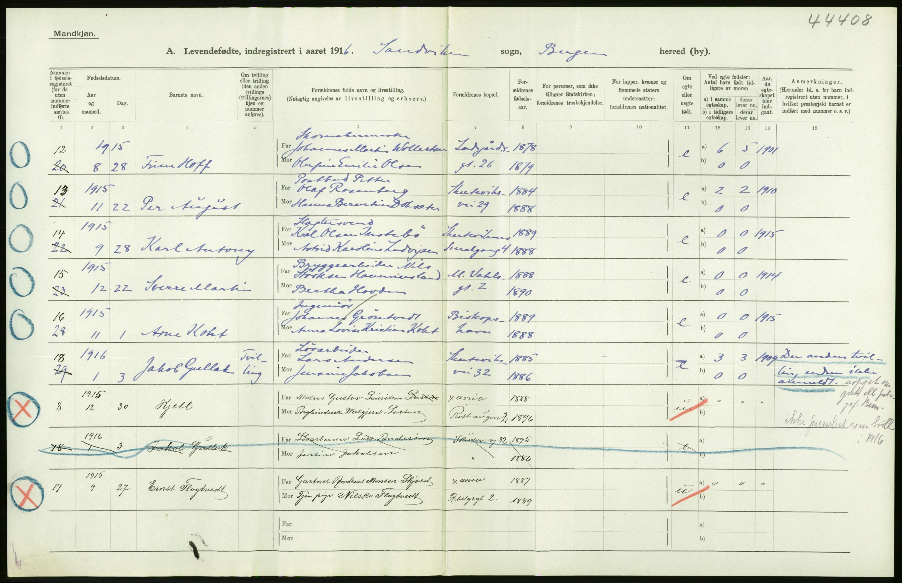Statistisk sentralbyrå, Sosiodemografiske emner, Befolkning, AV/RA-S-2228/D/Df/Dfb/Dfbf/L0037: Bergen: Levendefødte menn og kvinner., 1916, p. 4