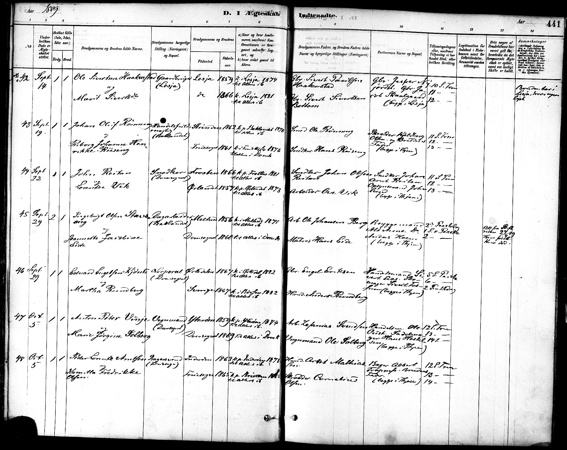 Ministerialprotokoller, klokkerbøker og fødselsregistre - Sør-Trøndelag, SAT/A-1456/601/L0058: Parish register (official) no. 601A26, 1877-1891, p. 441