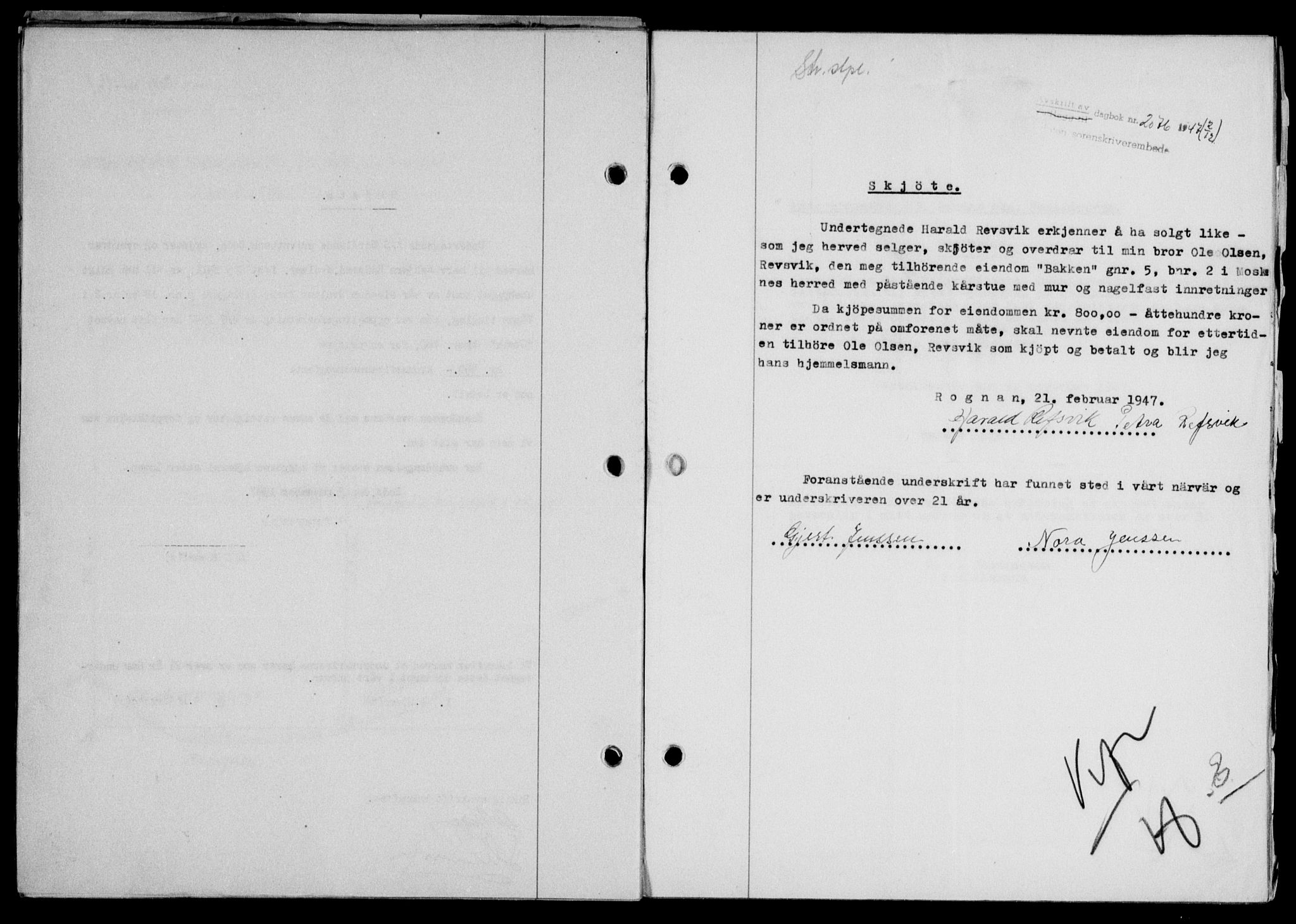 Lofoten sorenskriveri, SAT/A-0017/1/2/2C/L0017a: Mortgage book no. 17a, 1947-1948, Diary no: : 2076/1947