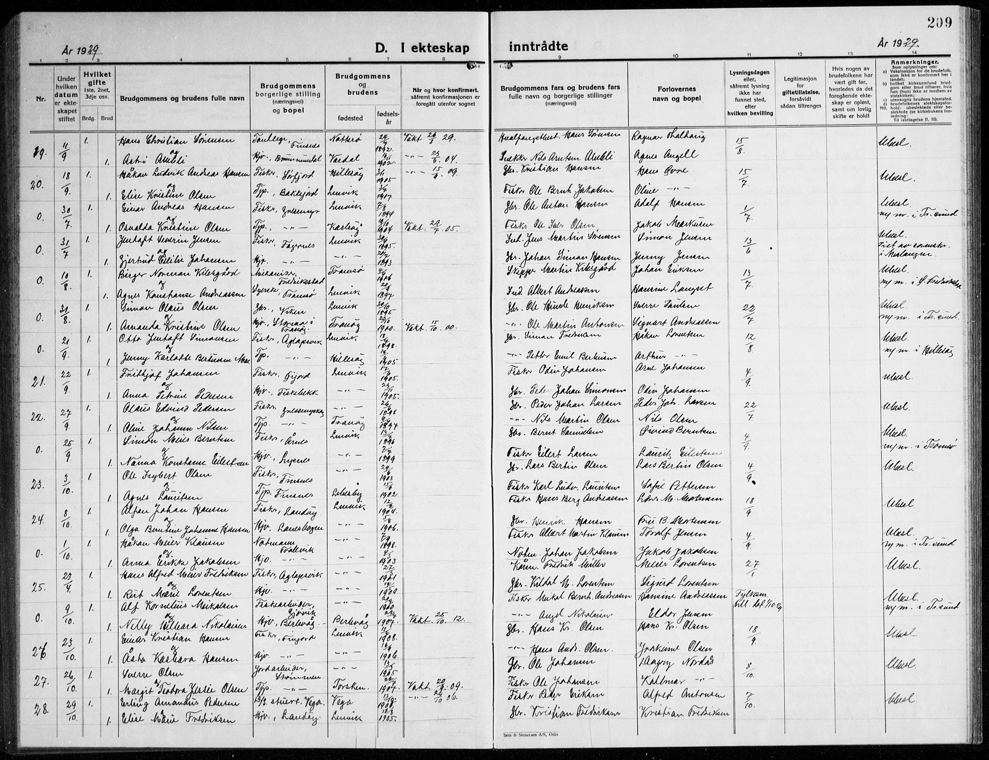 Lenvik sokneprestembete, AV/SATØ-S-1310/H/Ha/Hab/L0010klokker: Parish register (copy) no. 10, 1927-1945, p. 209