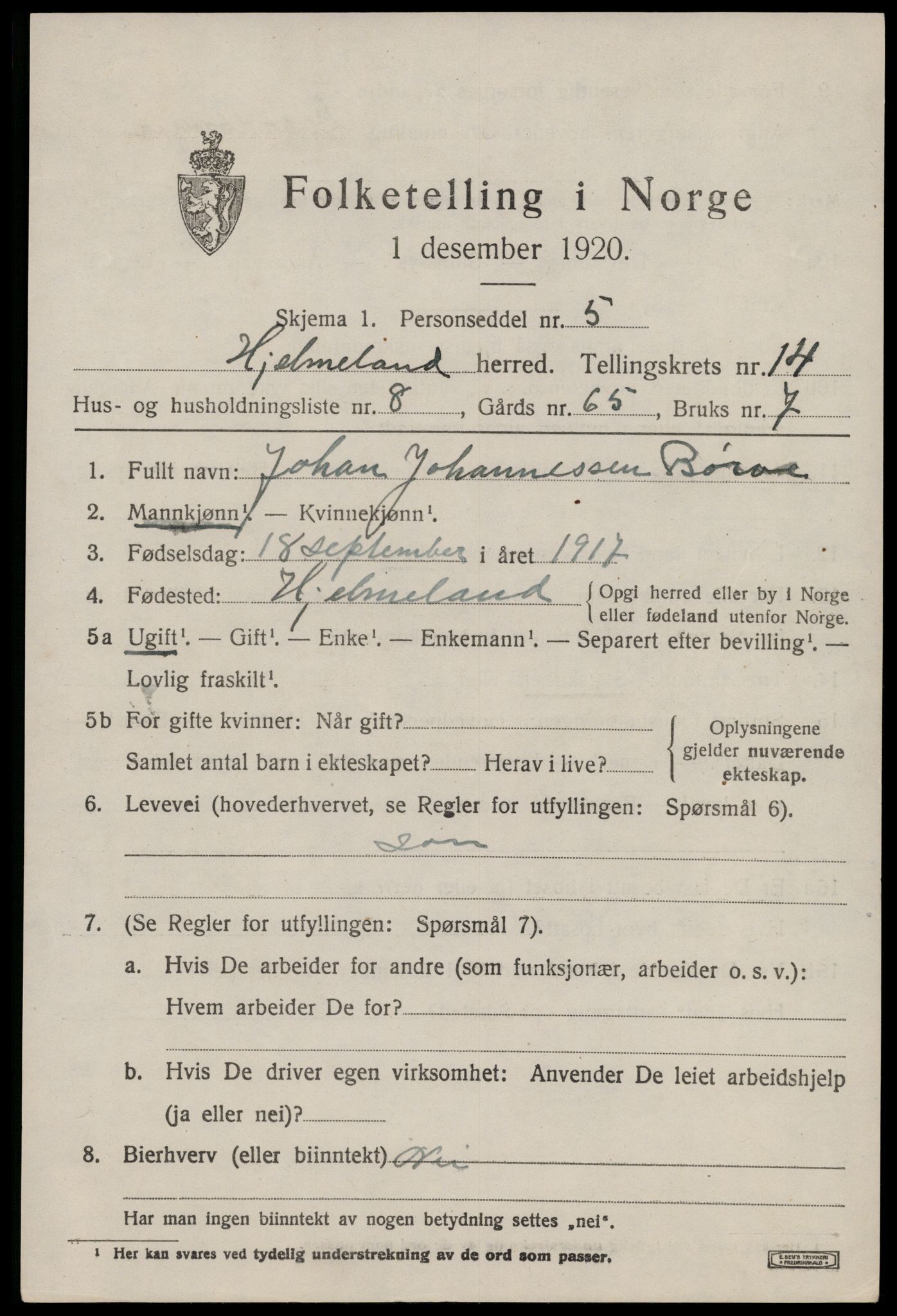 SAST, 1920 census for Hjelmeland, 1920, p. 4525