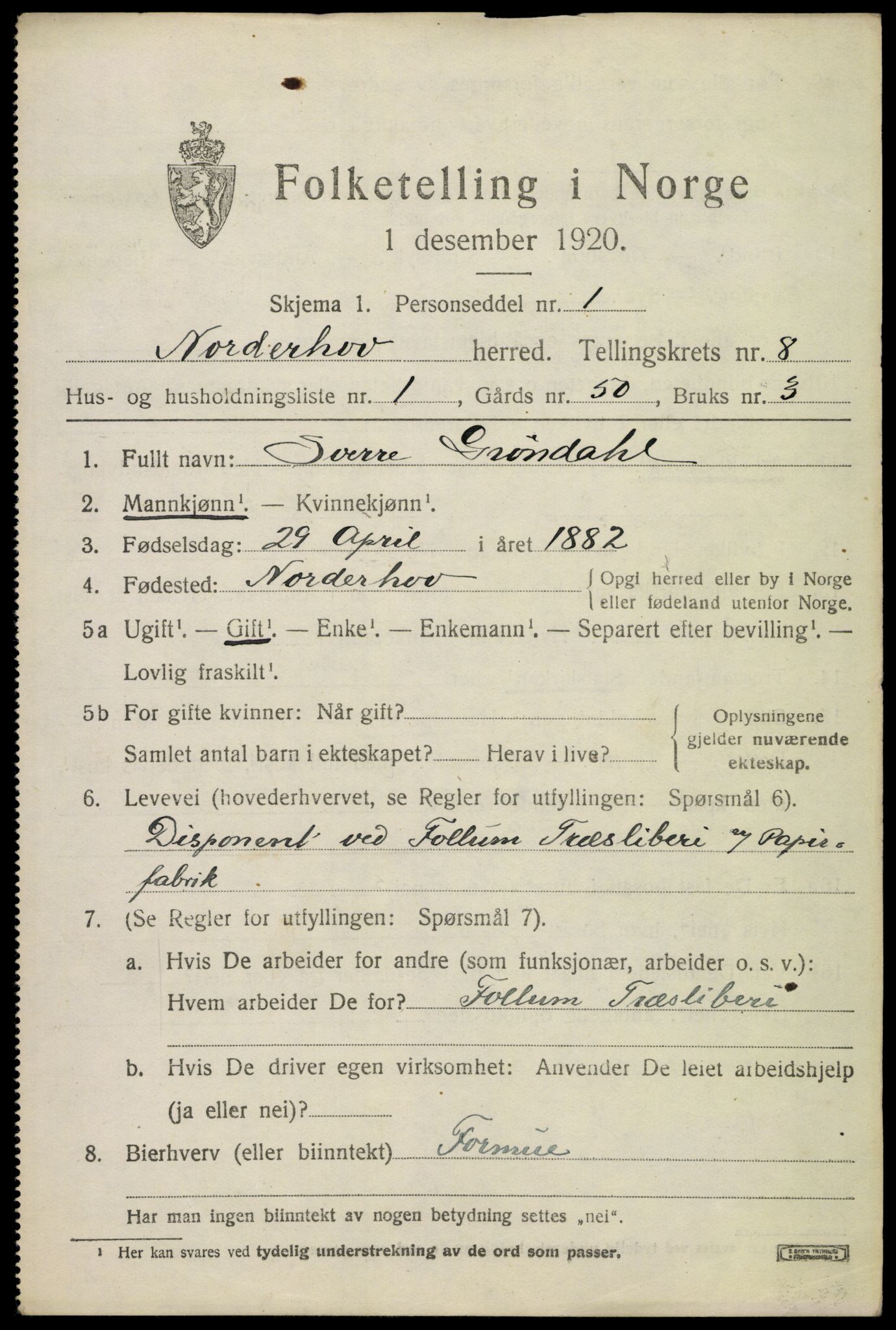 SAKO, 1920 census for Norderhov, 1920, p. 9995