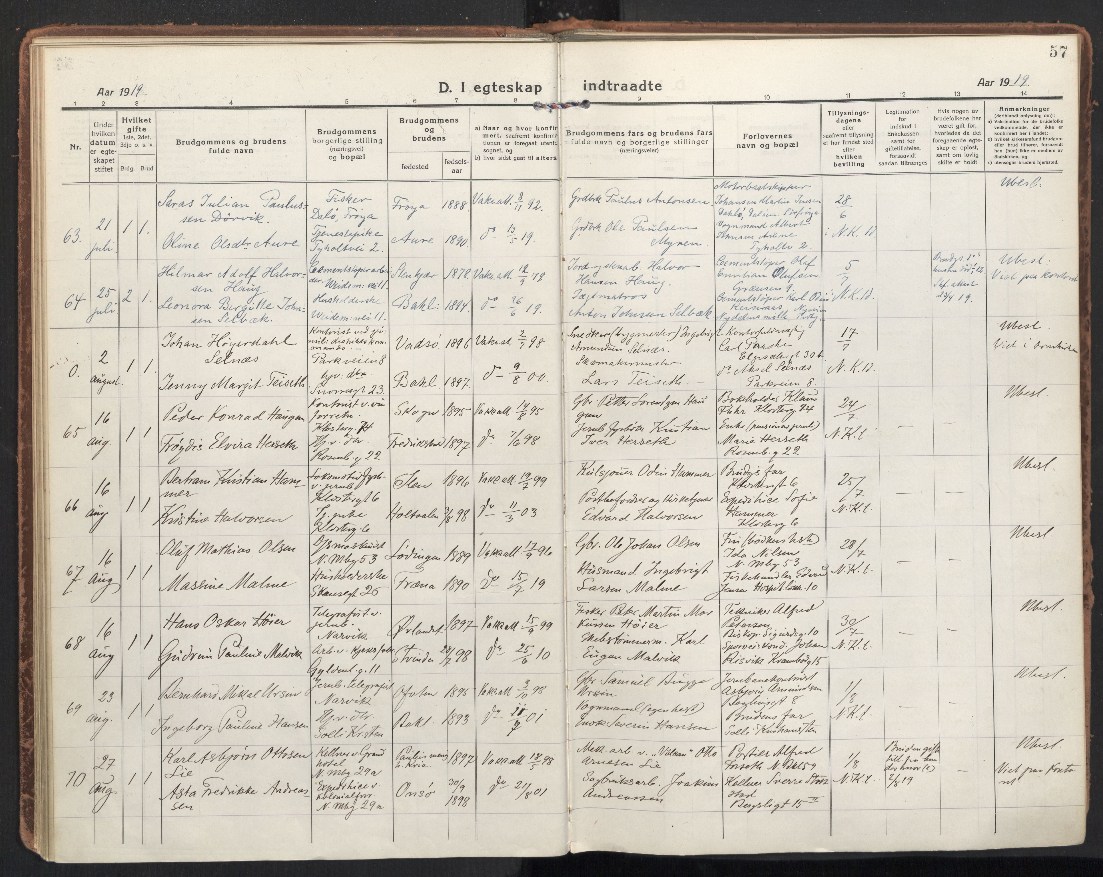 Ministerialprotokoller, klokkerbøker og fødselsregistre - Sør-Trøndelag, AV/SAT-A-1456/604/L0206: Parish register (official) no. 604A26, 1917-1931, p. 57