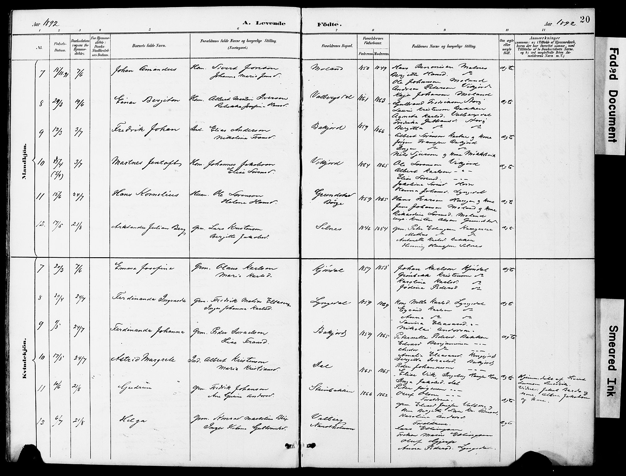 Ministerialprotokoller, klokkerbøker og fødselsregistre - Nordland, AV/SAT-A-1459/884/L1197: Parish register (copy) no. 884C03, 1888-1926, p. 20