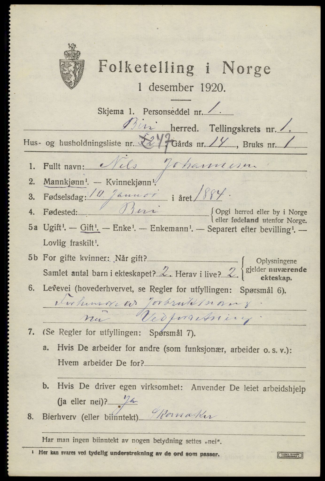 SAH, 1920 census for Biri, 1920, p. 1641