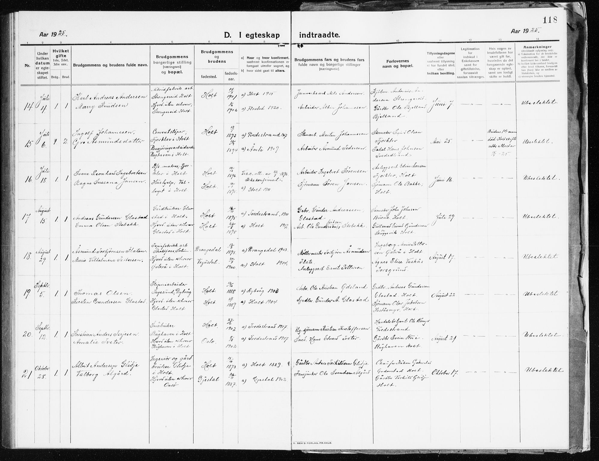 Holt sokneprestkontor, AV/SAK-1111-0021/F/Fb/L0012: Parish register (copy) no. B 12, 1919-1944, p. 118