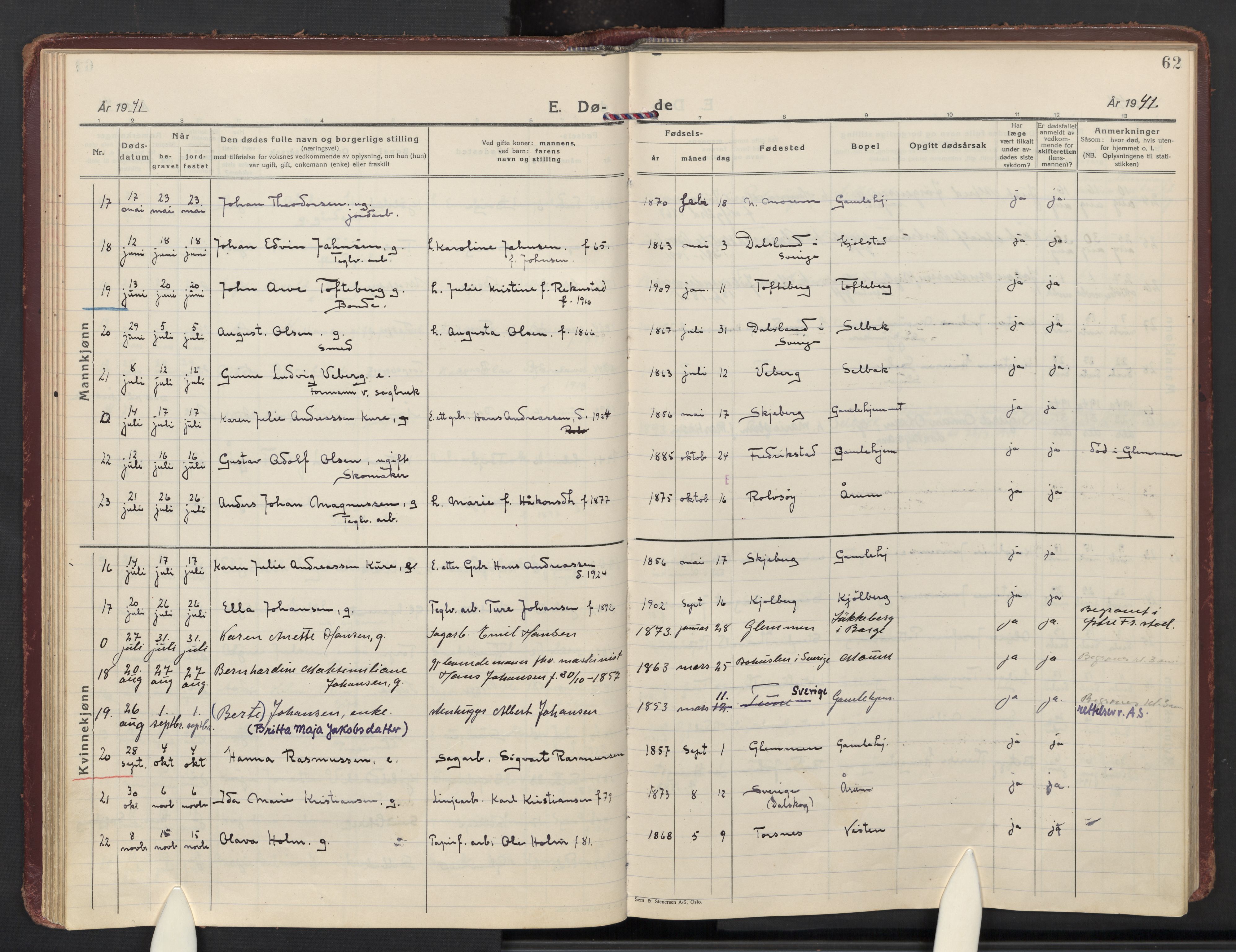 Borge prestekontor Kirkebøker, AV/SAO-A-10903/F/Fa/L0014: Parish register (official) no. I 14, 1927-1978, p. 62