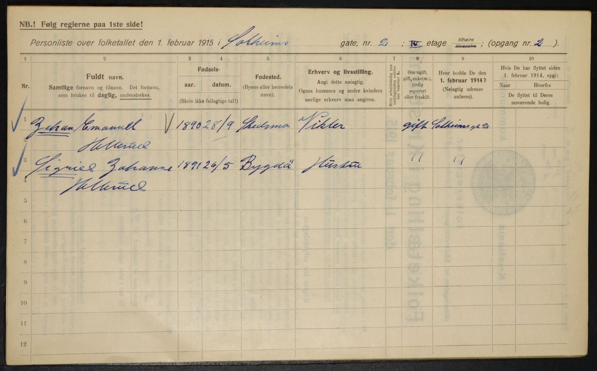 OBA, Municipal Census 1915 for Kristiania, 1915, p. 99385