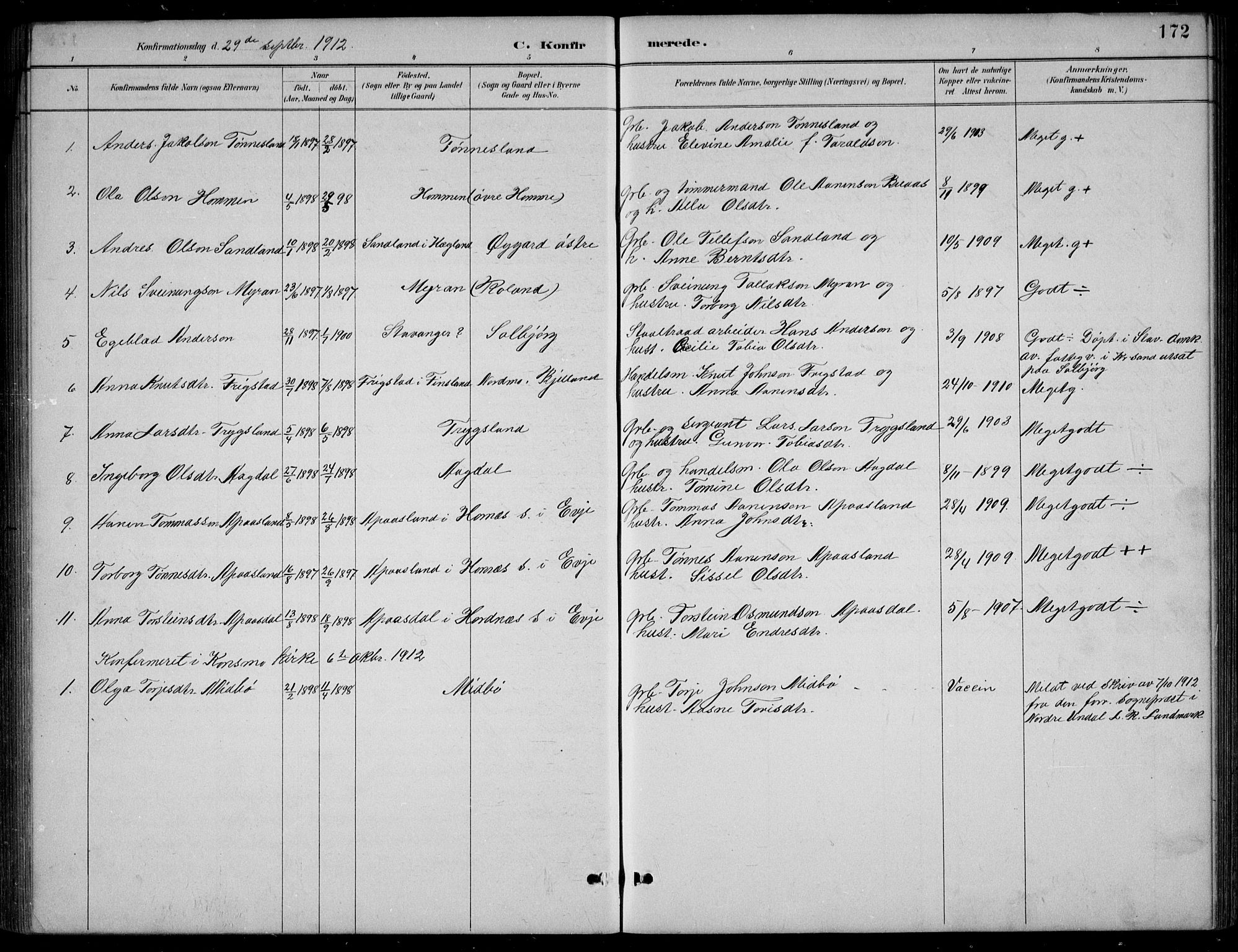 Bjelland sokneprestkontor, AV/SAK-1111-0005/F/Fb/Fba/L0005: Parish register (copy) no. B 5, 1887-1923, p. 172