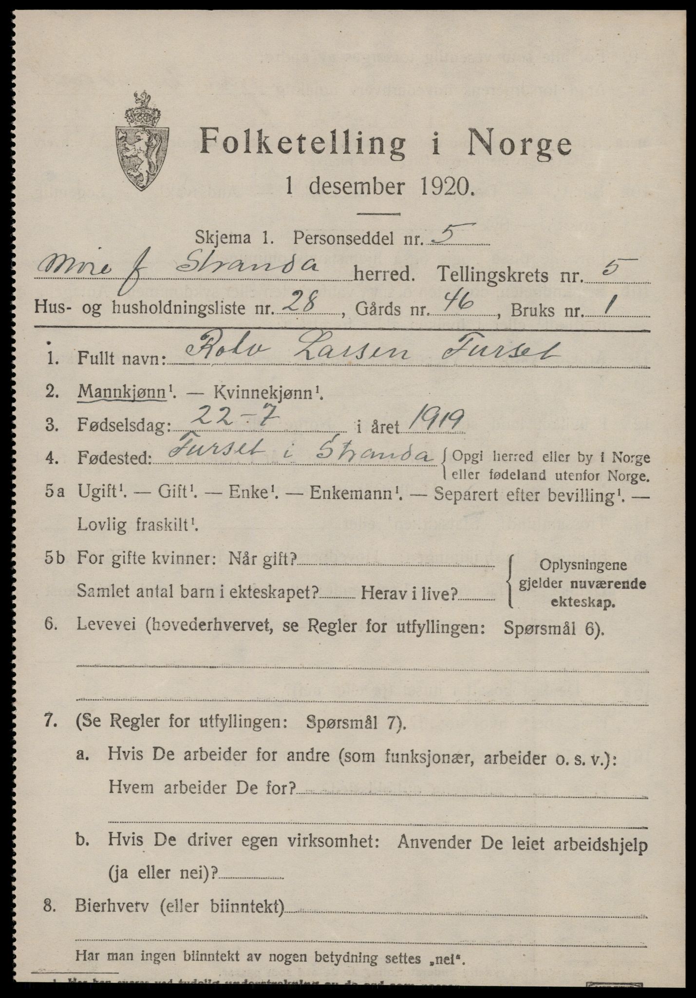 SAT, 1920 census for Stranda, 1920, p. 3565