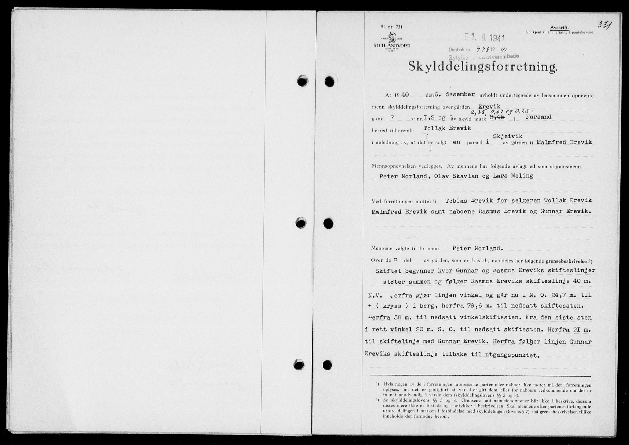 Ryfylke tingrett, SAST/A-100055/001/II/IIB/L0085: Mortgage book no. 64, 1941-1941, Diary no: : 978/1941