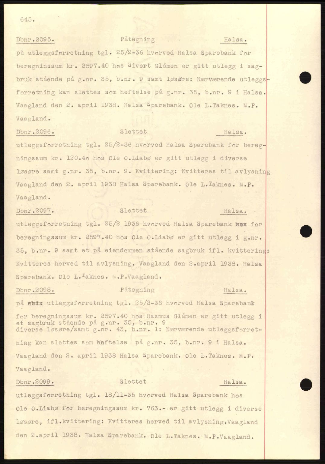 Nordmøre sorenskriveri, AV/SAT-A-4132/1/2/2Ca: Mortgage book no. C80, 1936-1939, Diary no: : 2095/1938