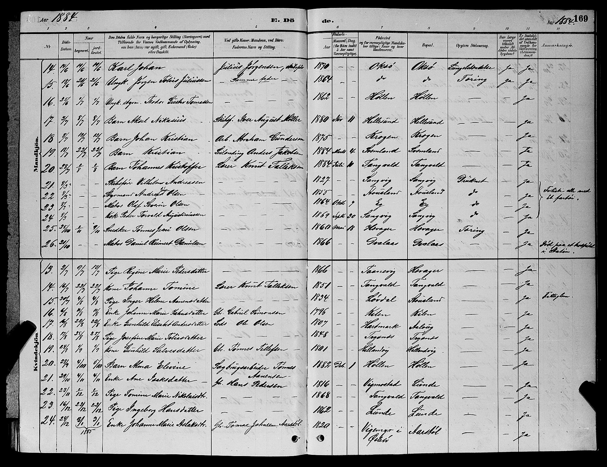 Søgne sokneprestkontor, SAK/1111-0037/F/Fb/Fbb/L0005: Parish register (copy) no. B 5, 1884-1891, p. 169