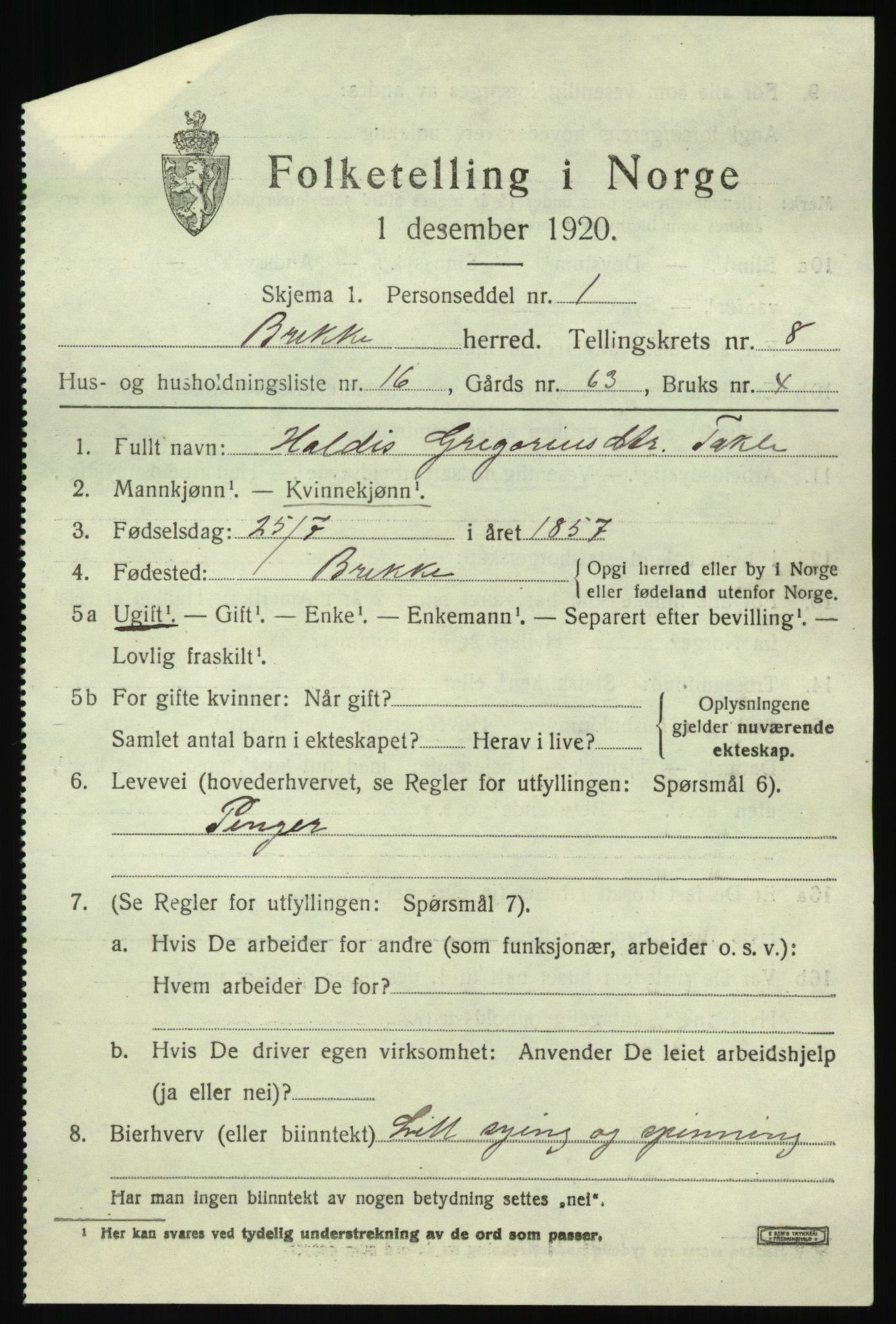 SAB, 1920 census for Brekke, 1920, p. 1946