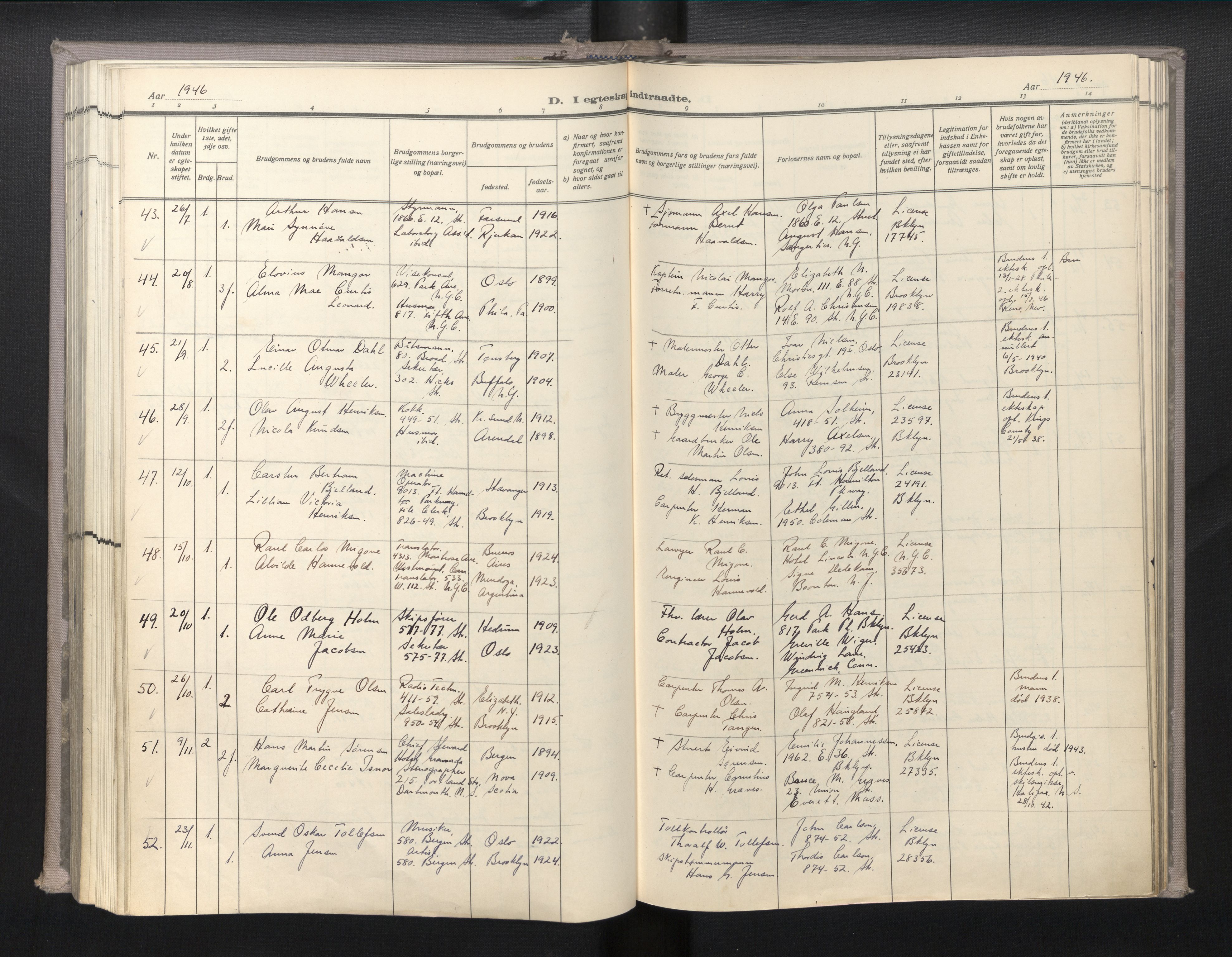 Den norske sjømannsmisjon i utlandet/New York, AV/SAB-SAB/PA-0110/H/Ha/L0010: Parish register (official) no. A 10, 1946-1960
