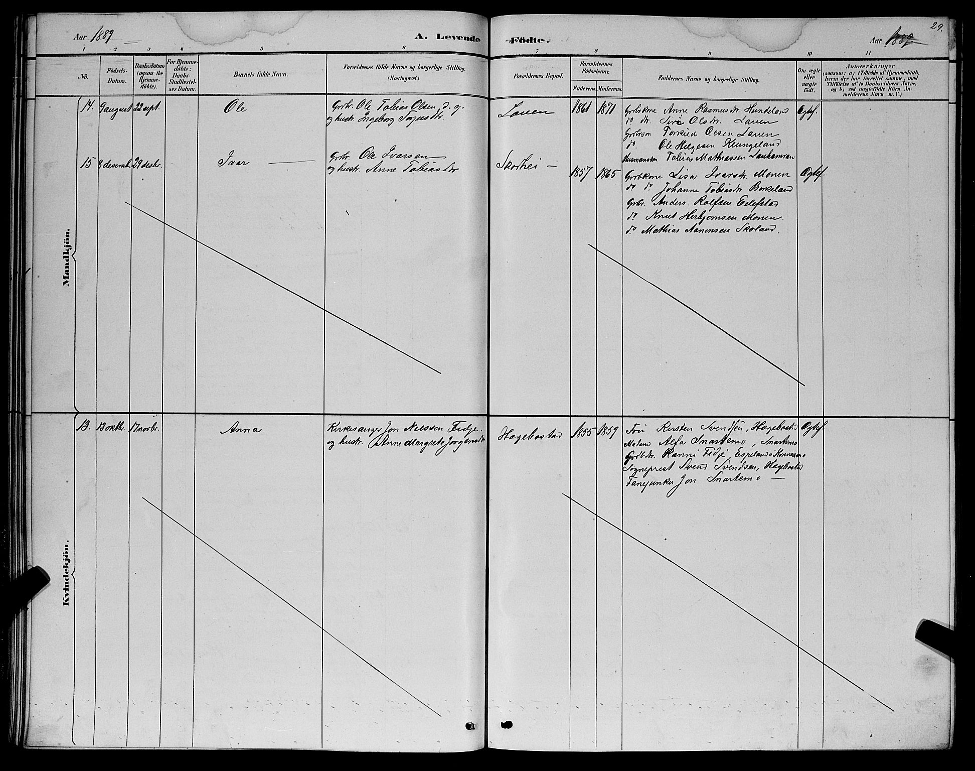 Hægebostad sokneprestkontor, SAK/1111-0024/F/Fb/Fba/L0003: Parish register (copy) no. B 3, 1883-1896, p. 29