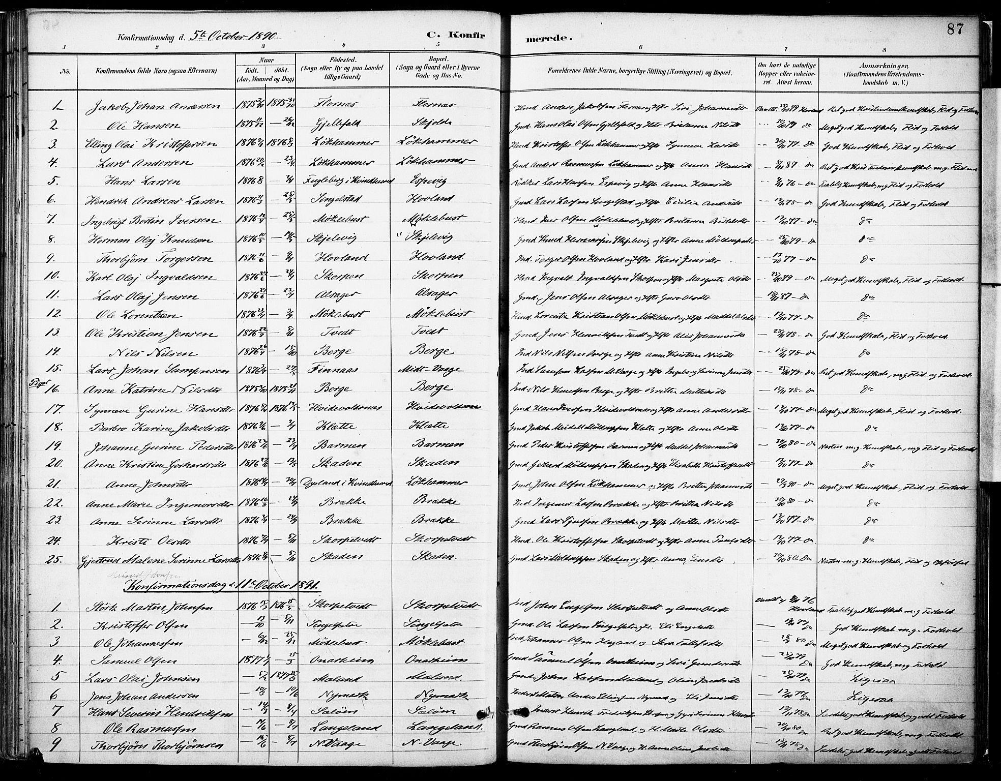 Tysnes sokneprestembete, SAB/A-78601/H/Haa: Parish register (official) no. C 1, 1887-1912, p. 87