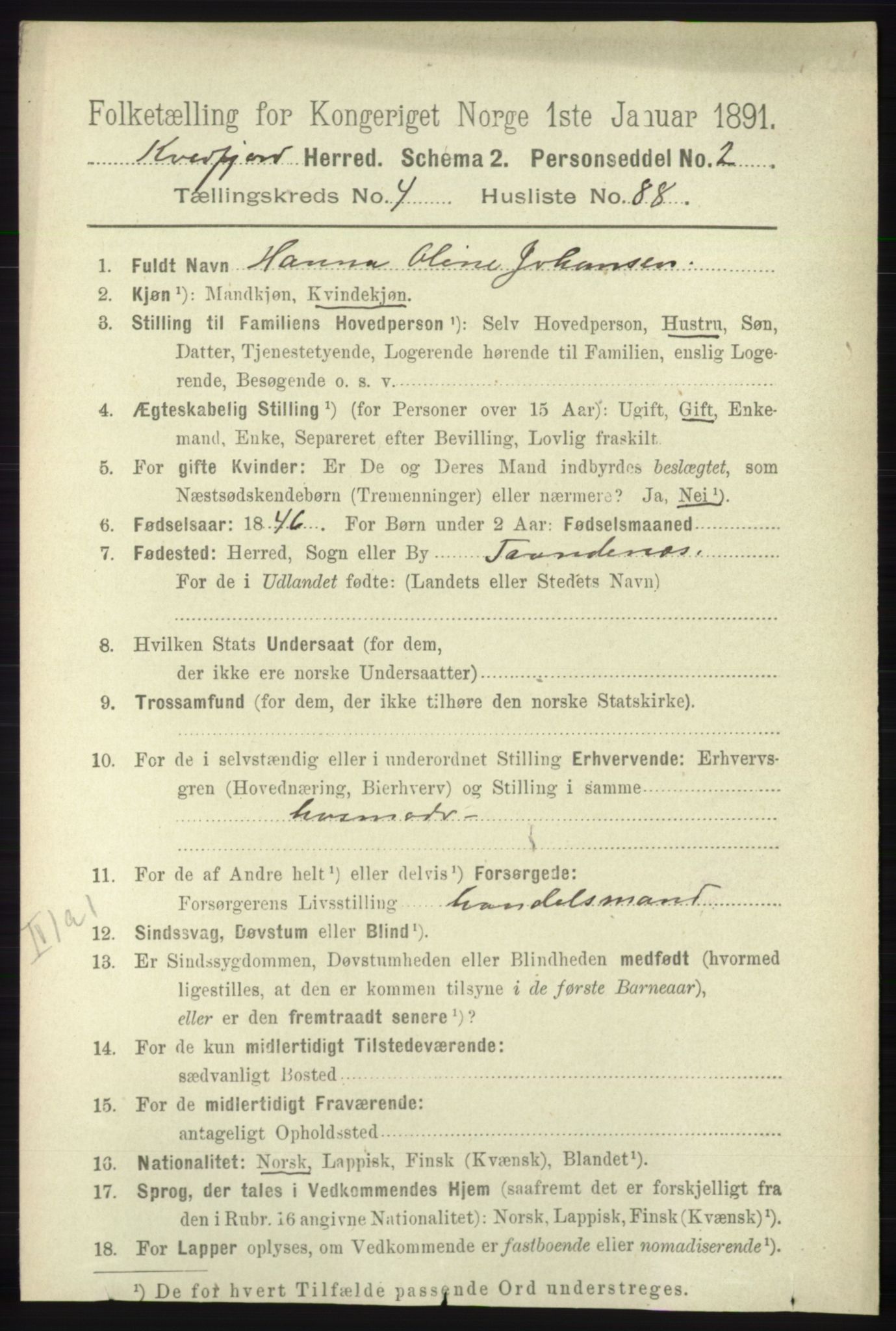 RA, 1891 census for 1911 Kvæfjord, 1891, p. 2503