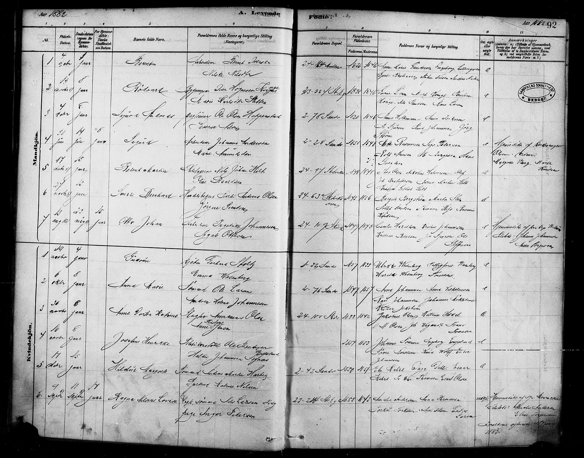 Sandviken Sokneprestembete, AV/SAB-A-77601/H/Ha/L0004: Parish register (official) no. B 1, 1878-1891, p. 92