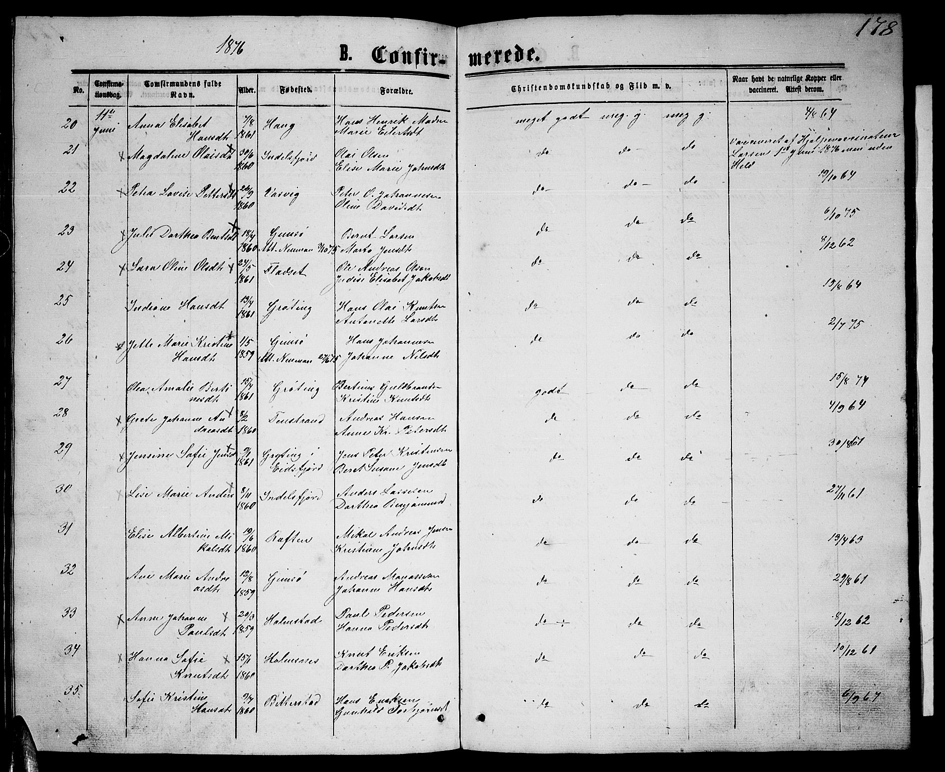 Ministerialprotokoller, klokkerbøker og fødselsregistre - Nordland, AV/SAT-A-1459/888/L1266: Parish register (copy) no. 888C04, 1864-1877, p. 178