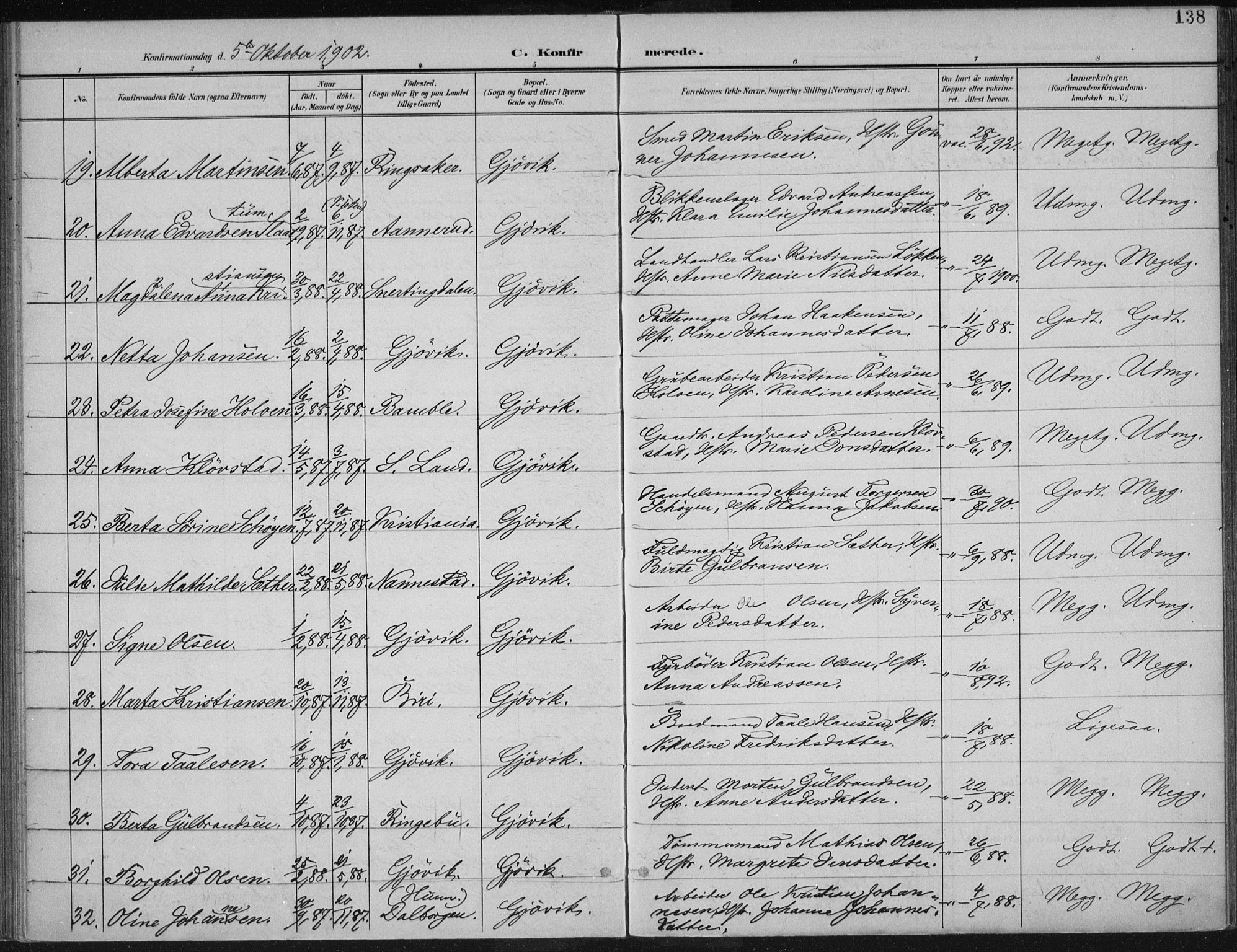 Vardal prestekontor, SAH/PREST-100/H/Ha/Haa/L0013: Parish register (official) no. 13, 1901-1911, p. 138