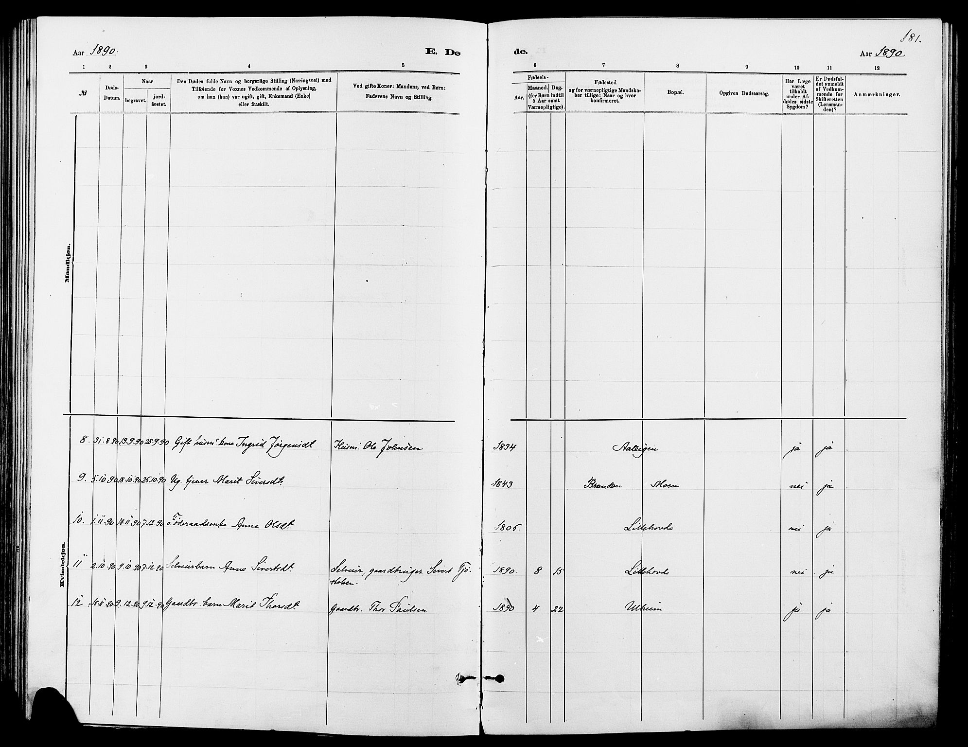 Dovre prestekontor, AV/SAH-PREST-066/H/Ha/Haa/L0002: Parish register (official) no. 2, 1879-1890, p. 181