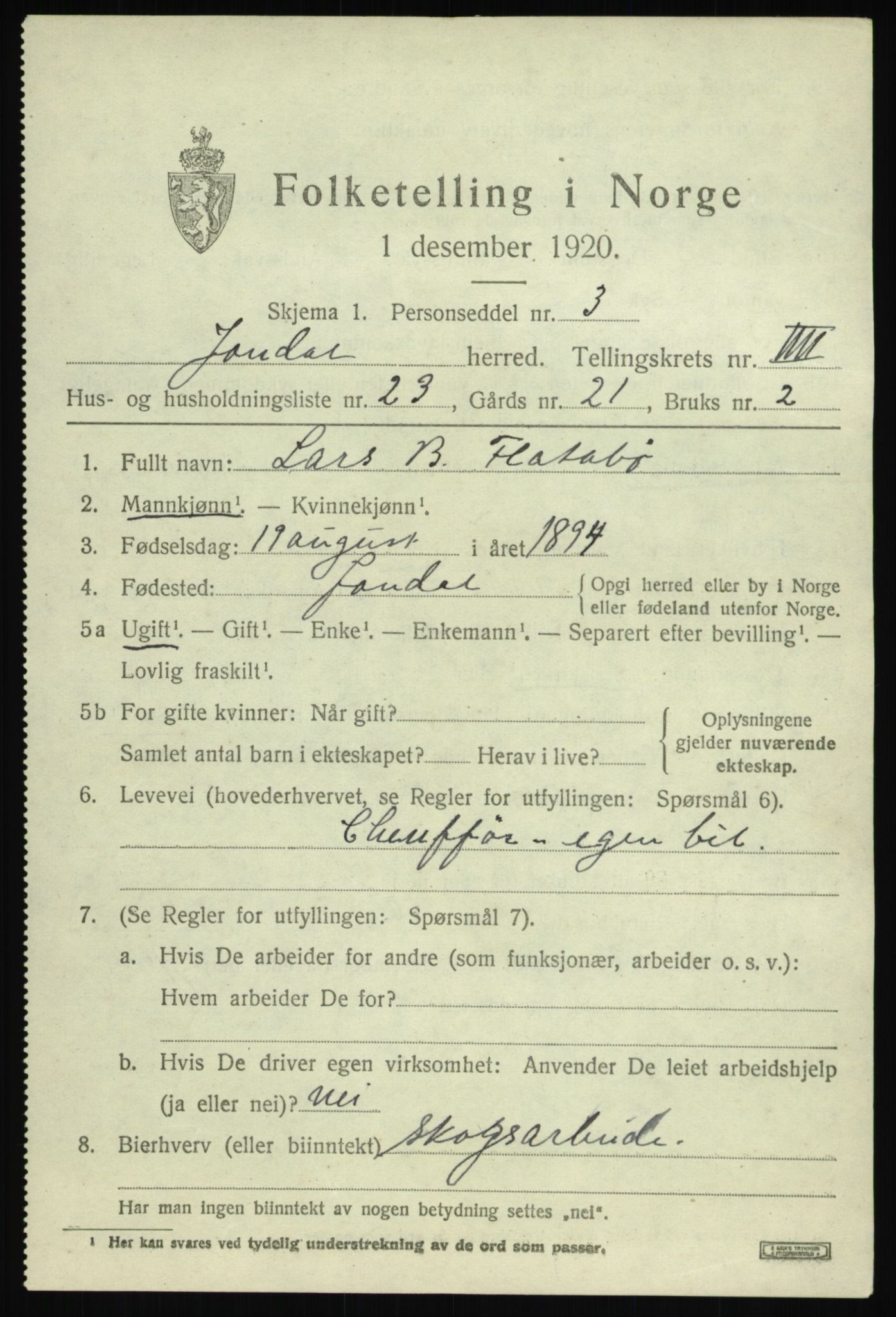 SAB, 1920 census for Jondal, 1920, p. 2486