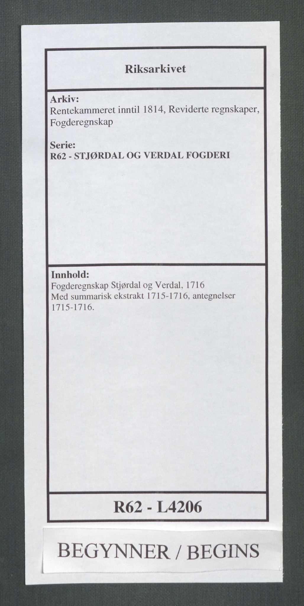 Rentekammeret inntil 1814, Reviderte regnskaper, Fogderegnskap, AV/RA-EA-4092/R62/L4206: Fogderegnskap Stjørdal og Verdal, 1716, p. 1