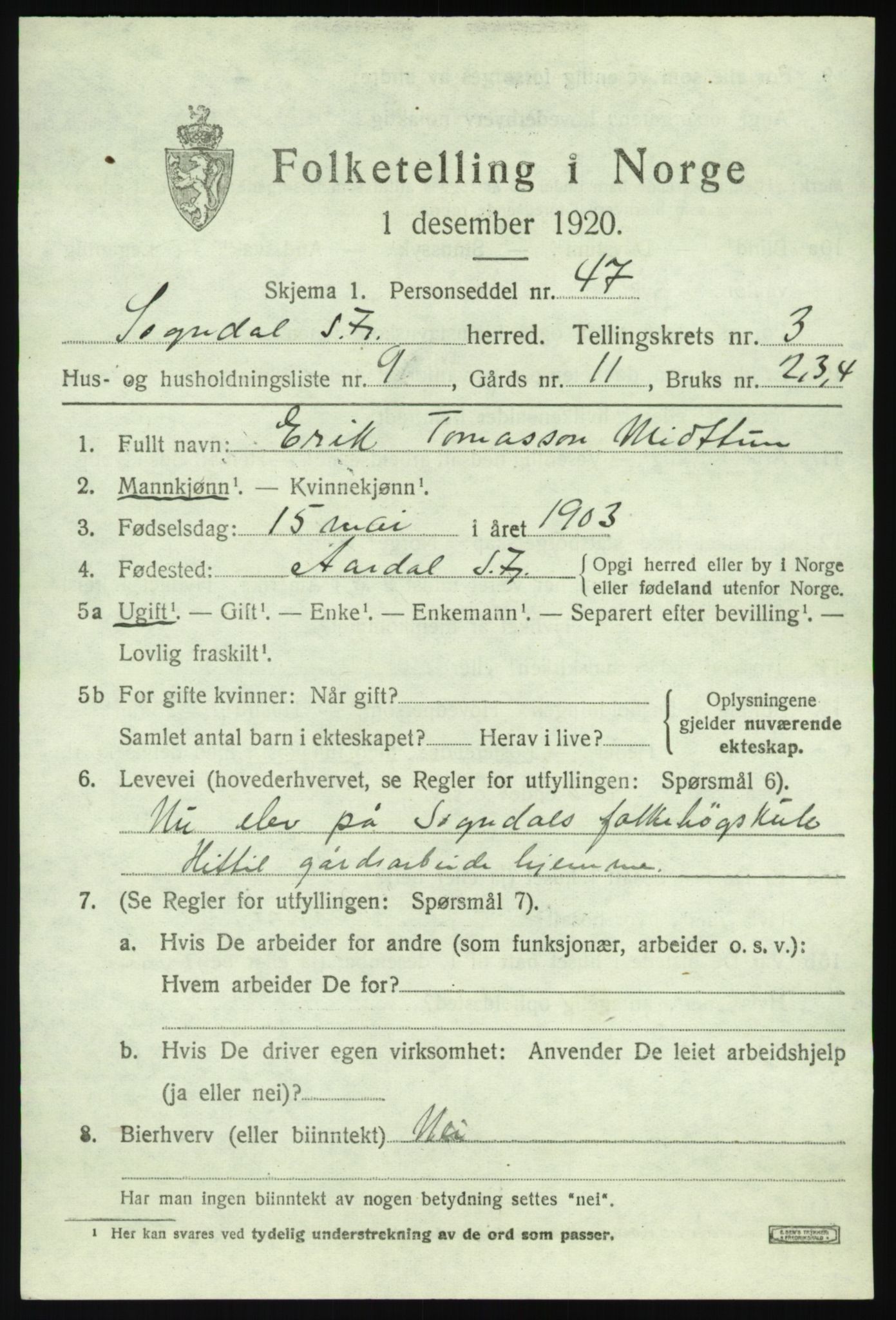 SAB, 1920 census for Sogndal, 1920, p. 2293