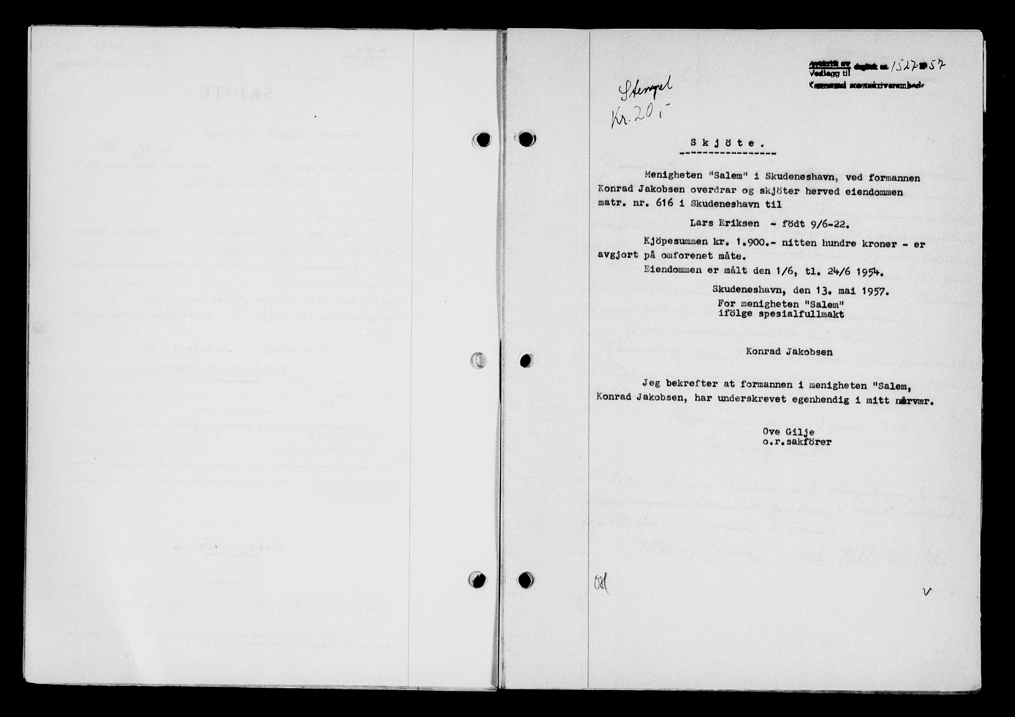 Karmsund sorenskriveri, AV/SAST-A-100311/01/II/IIB/L0125: Mortgage book no. 105A, 1957-1957, Diary no: : 1527/1957