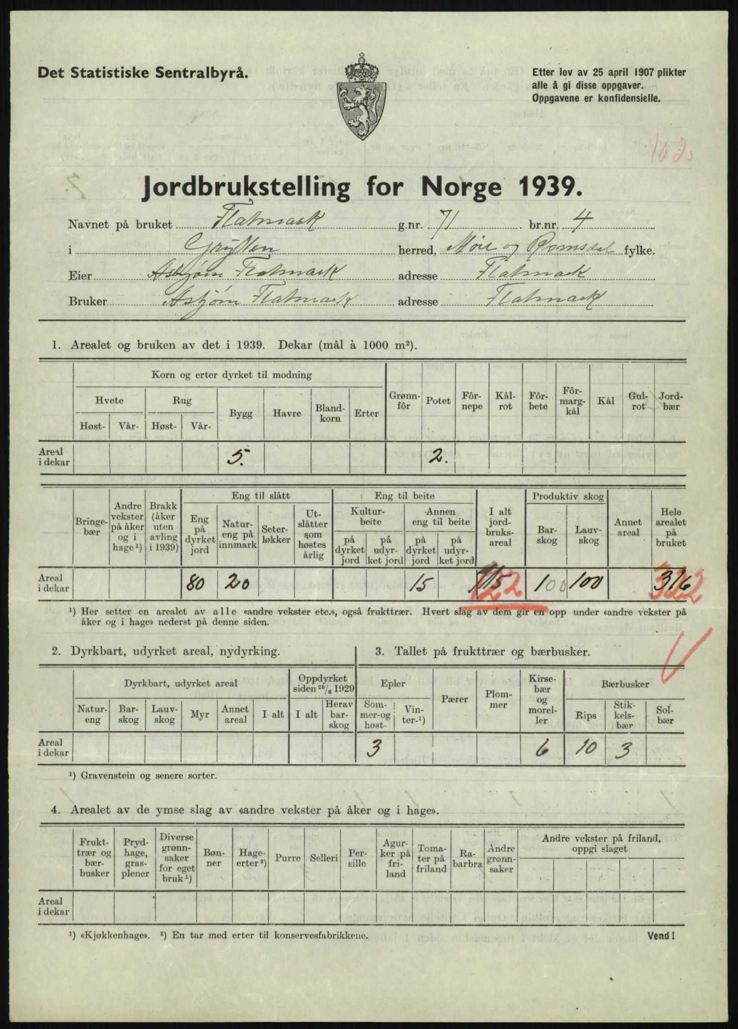 Statistisk sentralbyrå, Næringsøkonomiske emner, Jordbruk, skogbruk, jakt, fiske og fangst, AV/RA-S-2234/G/Gb/L0251: Møre og Romsdal: Voll, Eid, Grytten og Hen, 1939, p. 859